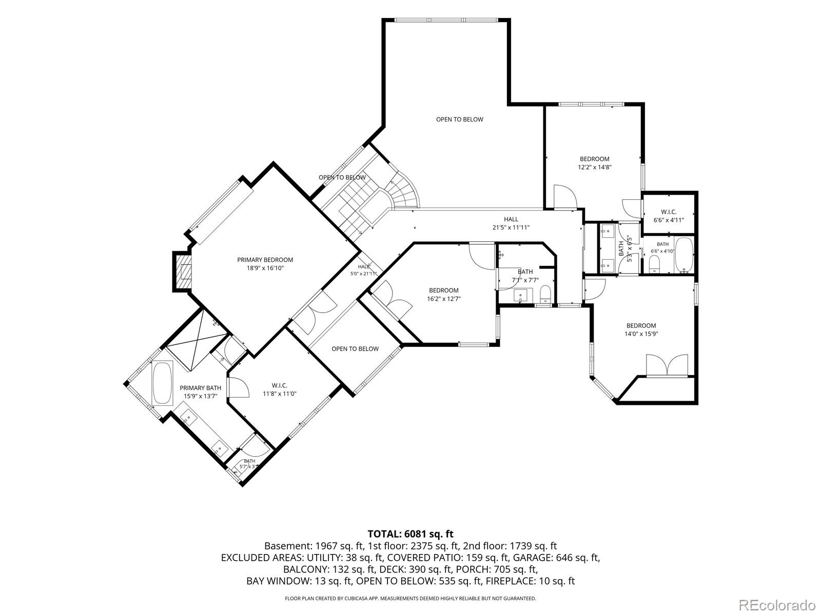 This image is a detailed 2D floor plan of a residential second floor, illustrating the layout of multiple bedrooms, bathrooms, and walk-in closets. The architectural drawing highlights a central hall, open-to-below areas, and specific room dimensions, providing a clear spatial overview of the upper level. It serves as a technical reference for the home's interior configuration and flow.