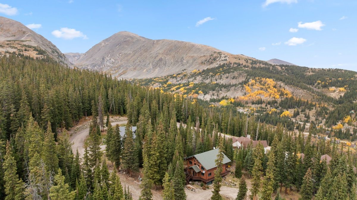 This aerial perspective captures a rustic log-style cabin nestled within a dense evergreen forest at the base of a massive, rugged mountain range. The scene highlights the home's secluded location, surrounded by tall pine trees and patches of golden autumn foliage on the mountain slopes. A winding dirt road leads through the trees toward the property, emphasizing the peaceful, mountainous setting.