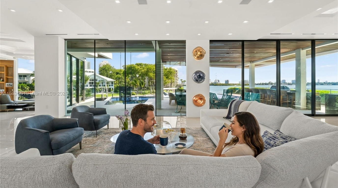 This modern, open-concept living room offers a seamless blend of indoor and outdoor space with its floor-to-ceiling glass walls that showcase stunning waterfront views. The room features a plush white sectional, contemporary chairs, and unique decorative wall art, creating an airy and luxurious atmosphere. Its sophisticated design is enhanced by recessed lighting and a direct view of the outdoor patio and pool area.