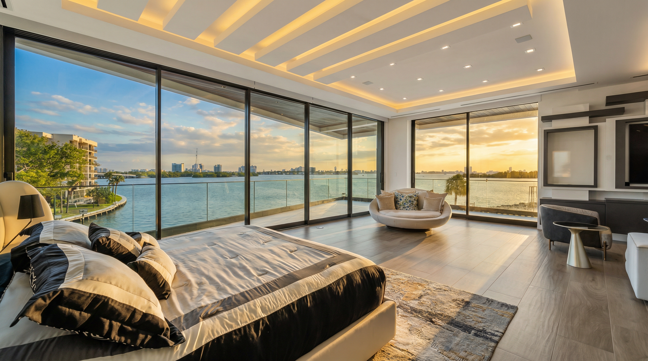 This luxurious primary bedroom features floor-to-ceiling glass walls that offer breathtaking panoramic water views and a front-row seat to the sunset. The room is elegantly appointed with contemporary design, including a plush circular accent chair, high-end wood-look tile flooring, and sophisticated recessed ceiling lighting. Its open floor plan and seamless transition between the indoor living space and the terrace create an atmosphere of refined coastal elegance.