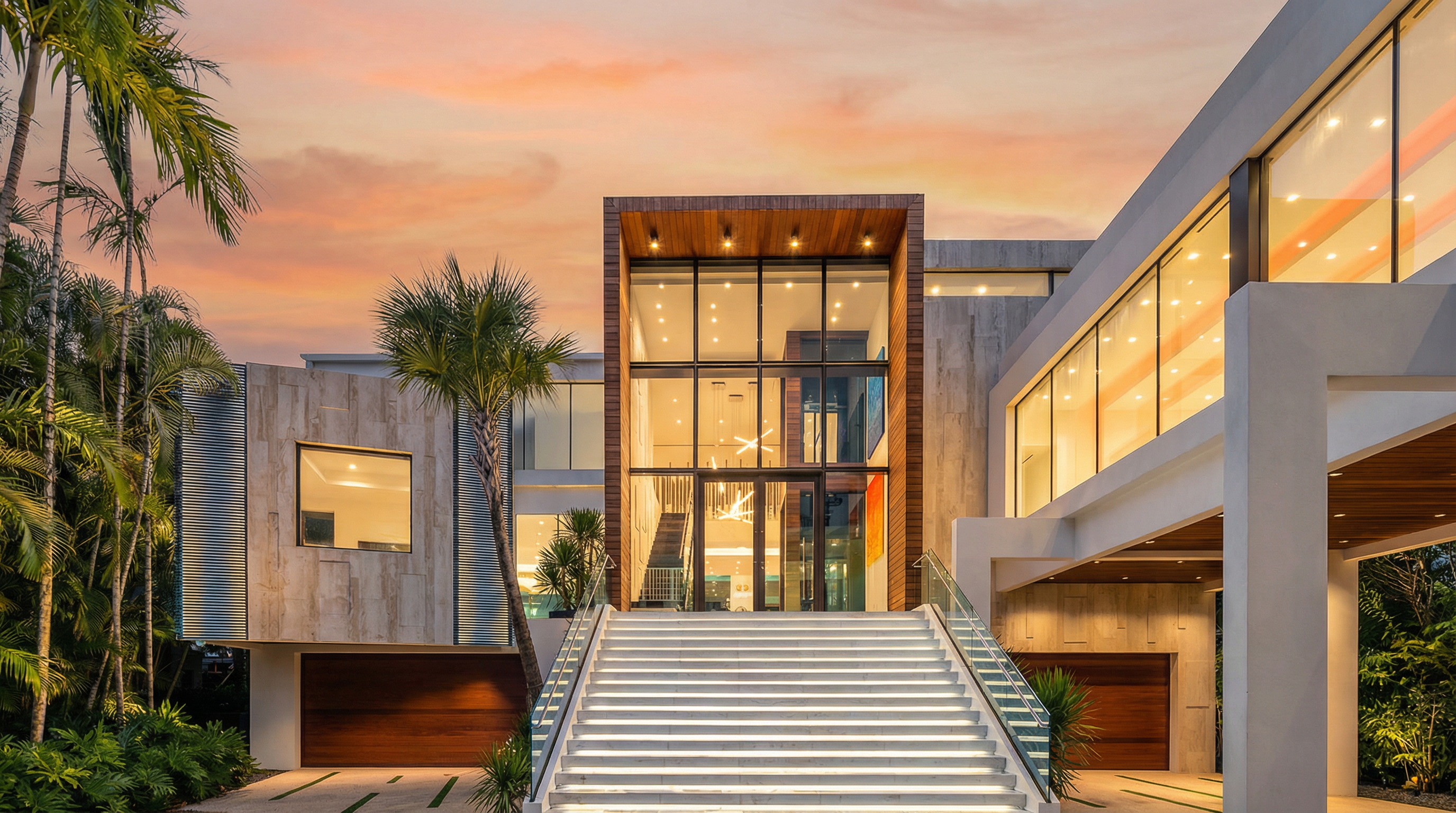 This stunning contemporary residence makes a bold architectural statement with its grand, illuminated staircase leading to an expansive multi-story glass entryway. The facade features a sophisticated blend of natural stone cladding, rich wood elements, and large horizontal glass panels, complemented by warm exterior lighting and lush tropical landscaping. The design conveys a high-end, luxurious aesthetic perfect for modern curb appeal.