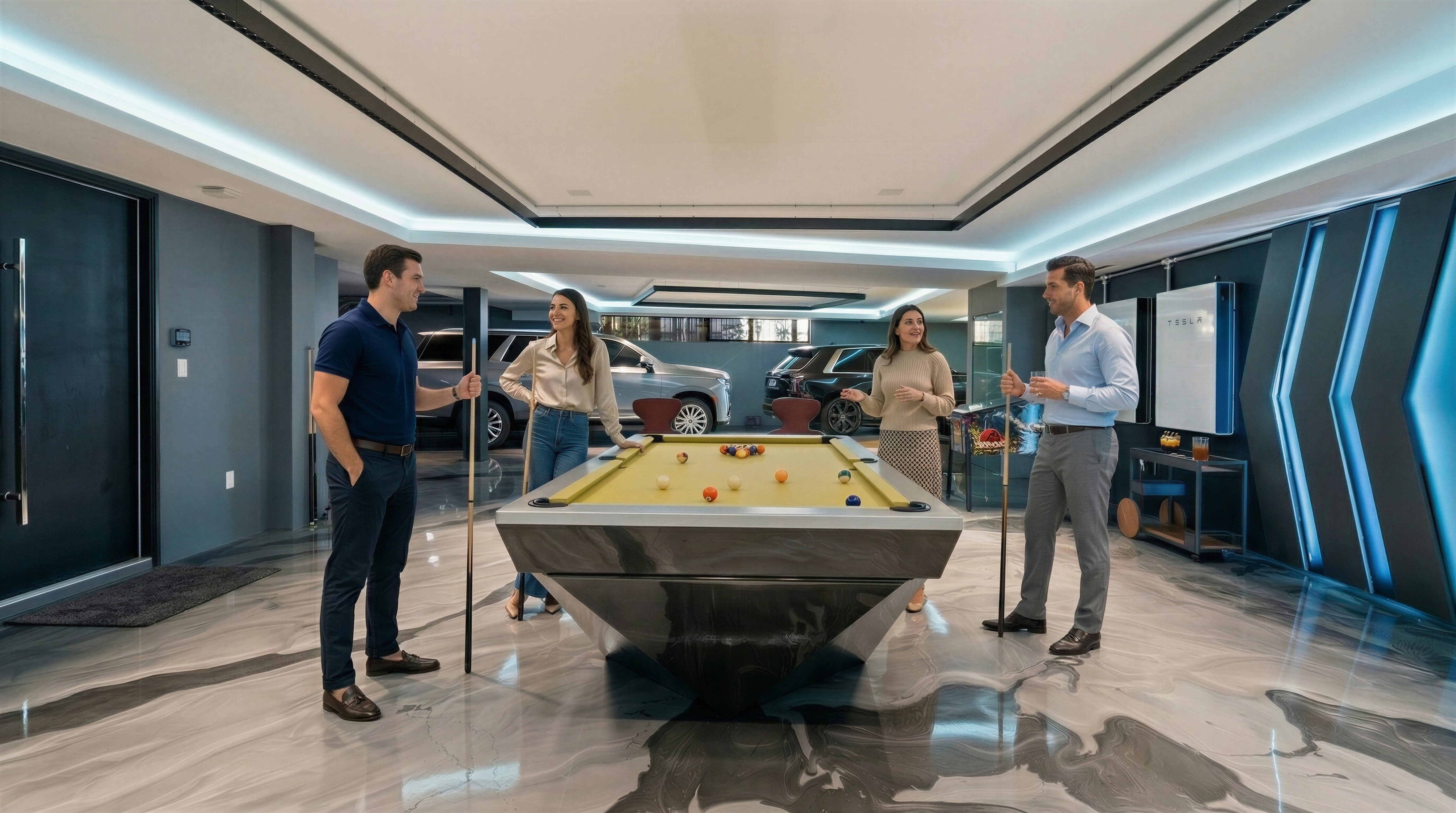 This luxurious, modern basement serves as a high-end entertainment lounge featuring a custom, angular contemporary pool table and a polished marble-effect flooring. The room is equipped with integrated LED strip lighting, a Tesla wall connector, and a stylish refreshment cart, all framed by elegant dark finishes and a view into a visible garage space. It offers a sophisticated, multipurpose environment perfect for social gatherings and automotive enthusiasts.