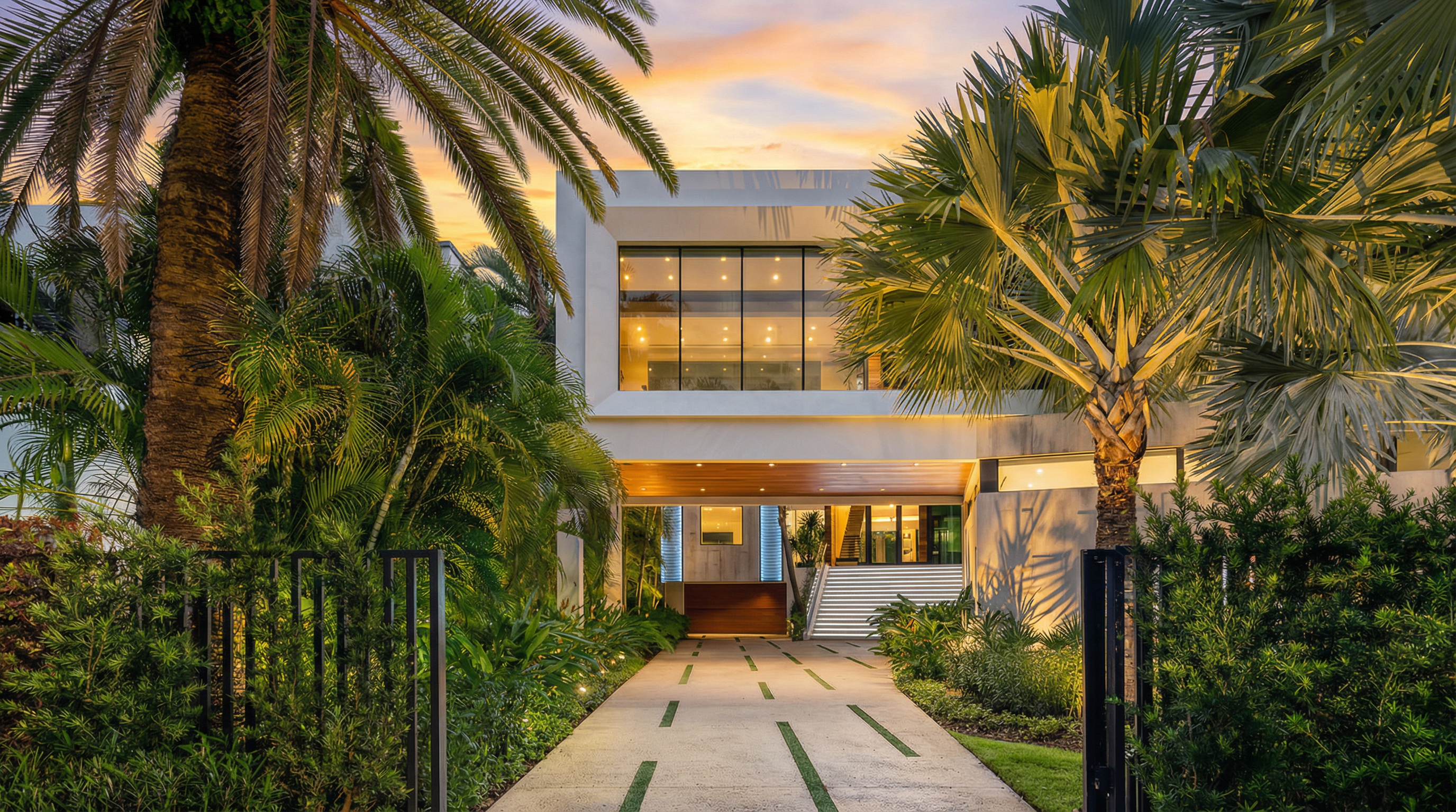 This modern luxury residence features a clean, minimalist architectural design with a prominent floor-to-ceiling glass facade and an inviting, recessed entryway. The property is framed by lush tropical landscaping and mature palm trees, creating an elegant and private curb appeal. A unique concrete driveway with integrated grass strips leads directly to the covered entrance, highlighting the home's contemporary aesthetic and upscale lighting design.