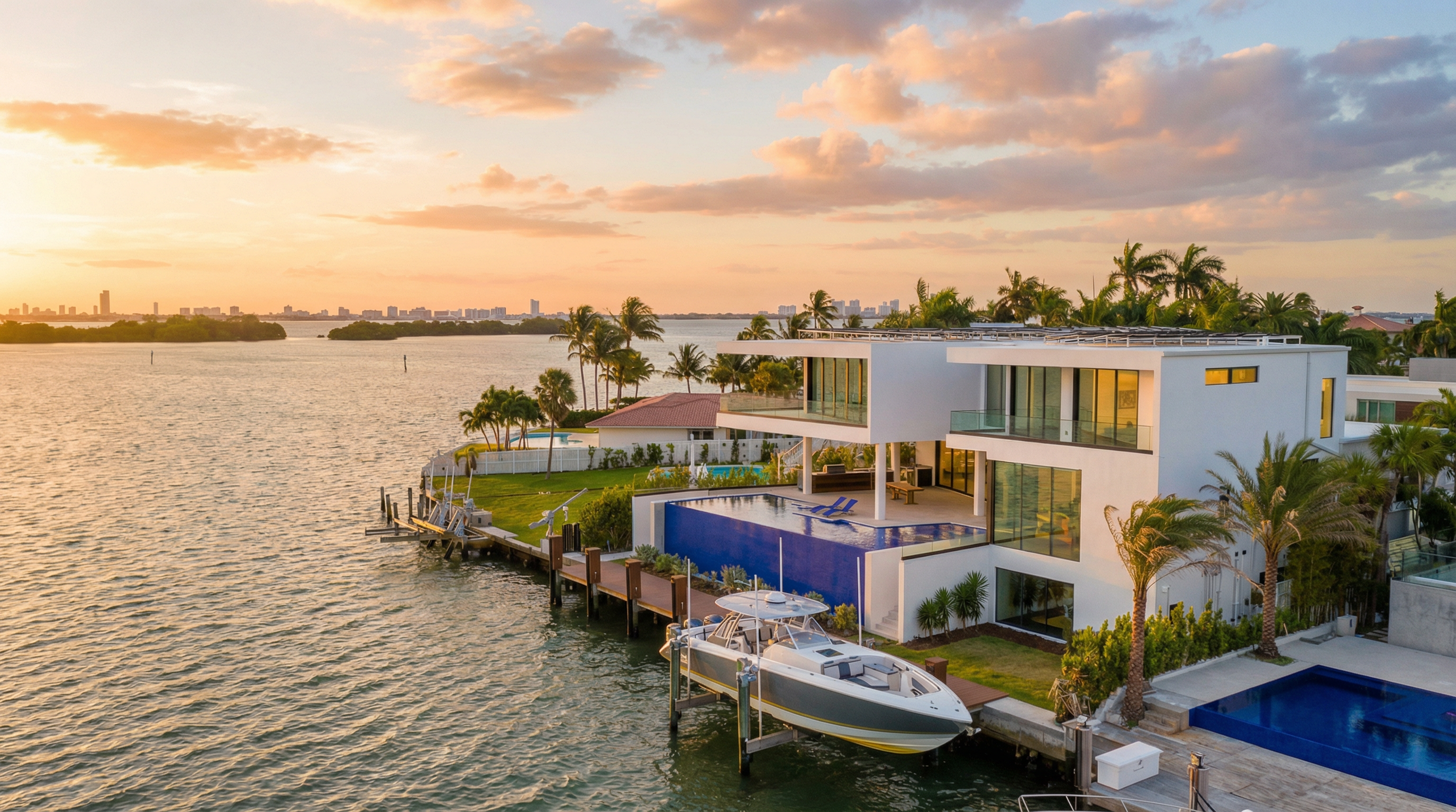 This modern waterfront estate showcases a stunning multi-level design with floor-to-ceiling windows and a prominent infinity pool overlooking the bay. The property features a private dock with an elevated boat lift, lush landscaping, and integrated outdoor living spaces, all set against a beautiful sunset cityscape. Its contemporary architecture and prime water access create an impression of luxury and coastal elegance.