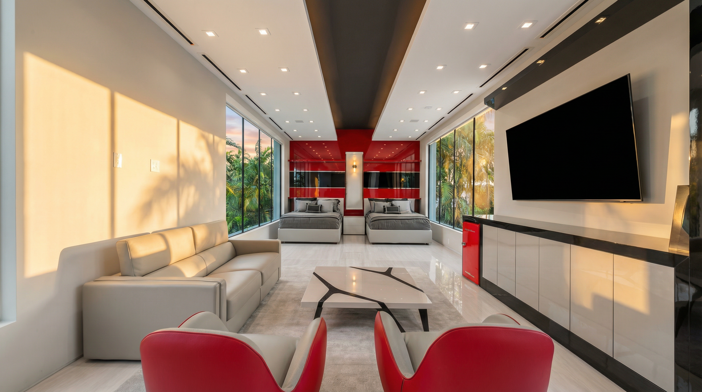 This sleek, contemporary bedroom features two beds positioned against a striking red and black wall, complemented by floor-to-ceiling windows that provide abundant natural light. The room includes a comfortable seating area with modern furniture, a large integrated television, and a custom glossy storage console, creating a luxurious and polished multi-functional space.