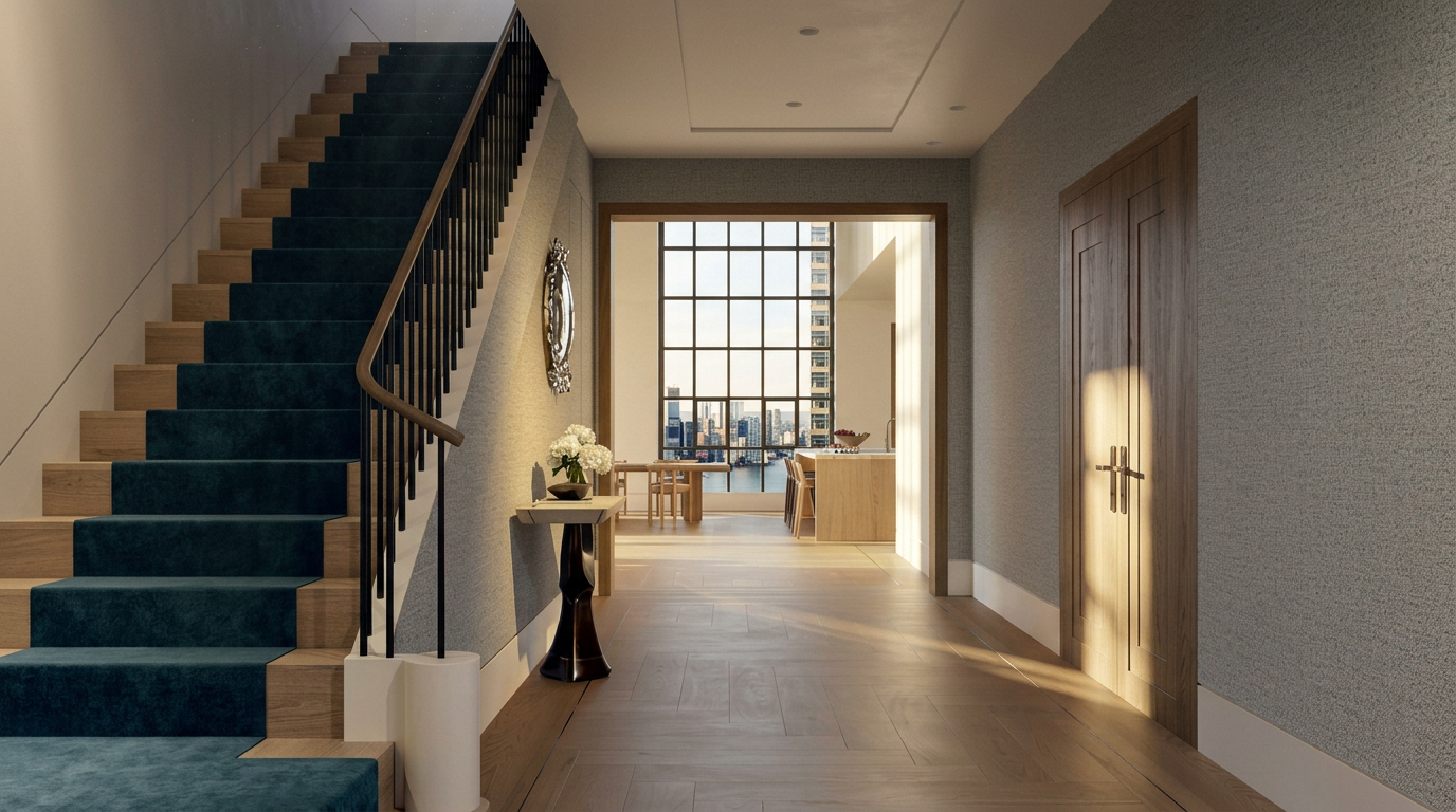 This elegant entryway features a staircase with dark blue carpet runners and a sleek metal railing, leading to a bright, open-concept living space beyond. The hallway is finished with light wood flooring in a herringbone pattern and textured gray wallpaper, creating a sophisticated and modern aesthetic. A console table with a decorative mirror and floral arrangement adds a welcoming touch, while the distant view through large windows reveals a cityscape.