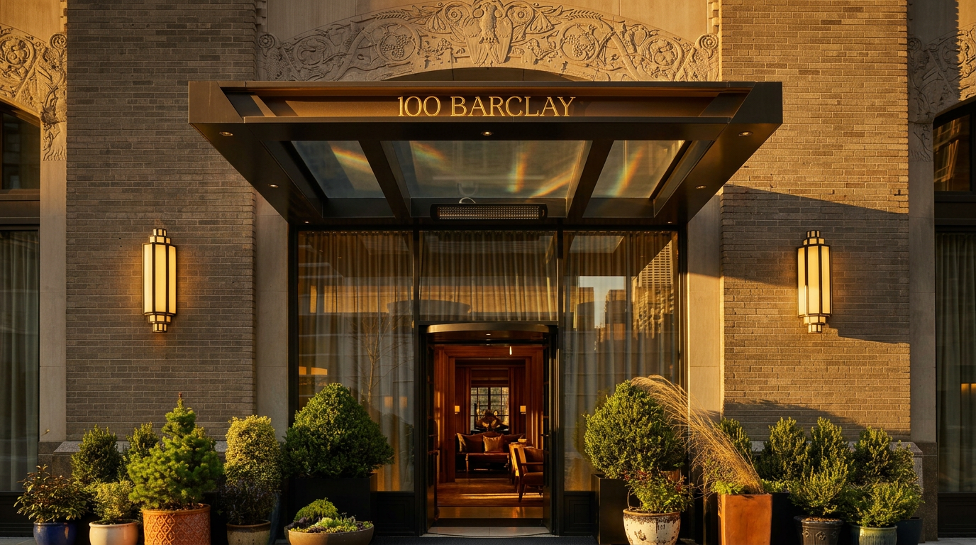 This elegant building entrance features a sophisticated black metal canopy with the address '100 BARCLAY' prominently displayed in gold lettering. The facade is constructed of light-colored brick with intricate stone carvings above the arched entryway, flanked by two modern, vertical wall-mounted light fixtures. A collection of potted shrubs and small trees lines the base of the building, creating a welcoming and polished urban arrival experience.