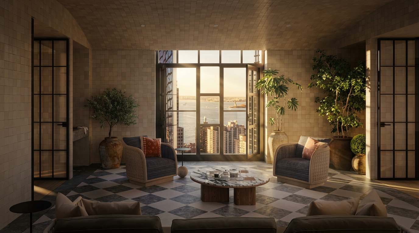 This sophisticated living space features a vaulted, tiled ceiling and a striking checkerboard-patterned floor. Two armchairs and a central round stone coffee table are positioned before large windows that frame a panoramic city and harbor view. The room is accented with potted greenery and symmetrical glass-paned doors, creating an elegant and airy atmosphere.