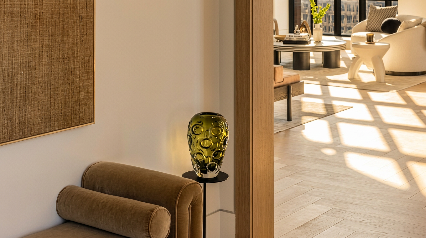 This interior view captures a sophisticated transitional space featuring a modern velvet-upholstered bench and an artistic green glass vase on a pedestal. The transition into the bright, airy living room is framed by clean wood trim, showcasing high-end finishes and a warm, inviting atmosphere. The natural light filtering through the living room adds a sense of openness and refined luxury to the home.