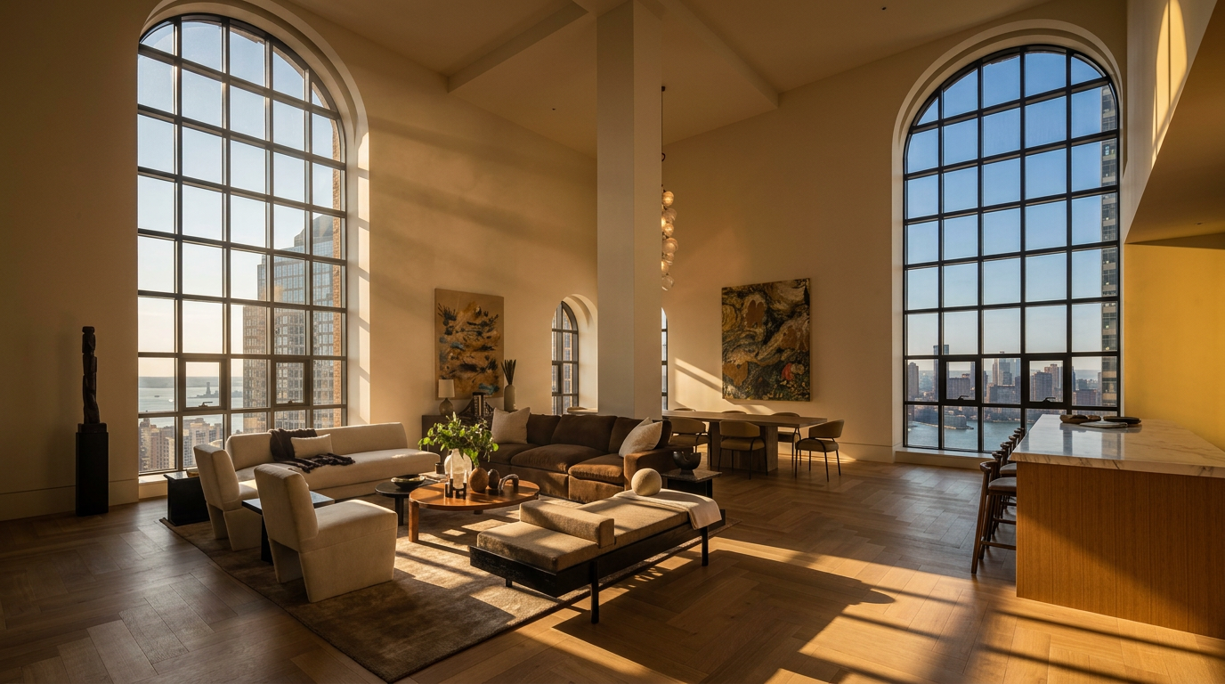 This expansive, open-concept living area features soaring ceilings and two massive arched windows that frame panoramic city views. The space is anchored by a neutral-toned seating arrangement on a large area rug, complemented by light wood flooring laid in a herringbone pattern. A dining area sits adjacent to the living space, while a kitchen island with stone countertops is visible in the foreground, creating a sophisticated and airy atmosphere.