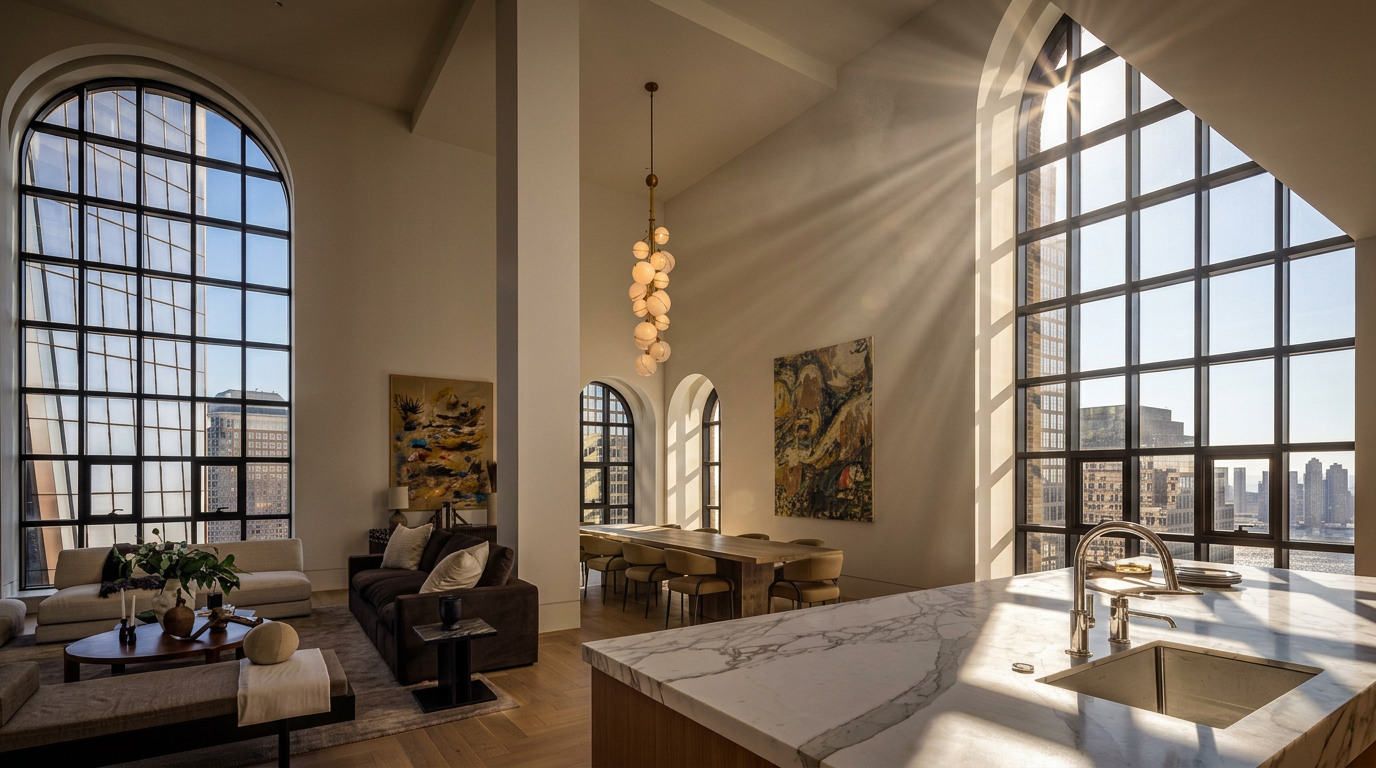 This expansive, light-filled open-concept living space features soaring ceilings and massive, multi-paned arched windows that frame city views. The room is anchored by a comfortable seating area with a plush sofa and a dining space set with a long wooden table, all illuminated by a striking multi-globe chandelier. A sleek kitchen island with a stone countertop occupies the foreground, creating a seamless transition between the culinary and relaxation zones.
