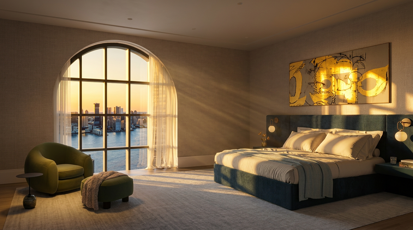 This sophisticated primary bedroom features a plush blue upholstered bed frame and headboard, complemented by a large, arched window that frames a scenic city skyline view. The room is decorated with a textured wall covering, a contemporary abstract painting above the bed, and a cozy olive-green armchair with a matching ottoman. The space is anchored by a large, neutral-toned area rug, creating a serene and luxurious atmosphere.