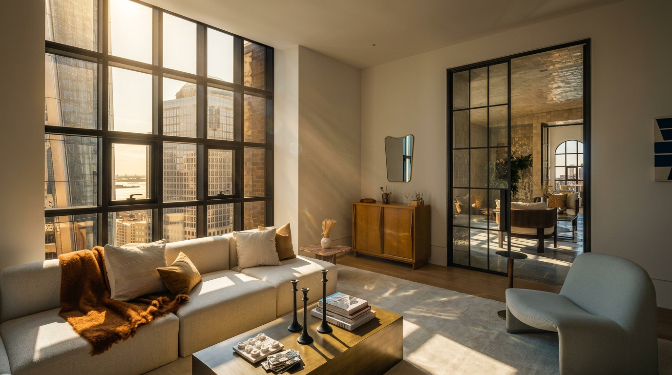 This sophisticated living room features a large, light-colored sectional sofa accented with warm-toned throw pillows and a plush blanket. A low, dark-toned coffee table sits at the center, while a sleek wooden sideboard and a modern, curved armchair complete the seating area. The space is defined by expansive, multi-paned windows that offer a dramatic urban view and a striking black-framed glass partition that leads into an adjacent room.