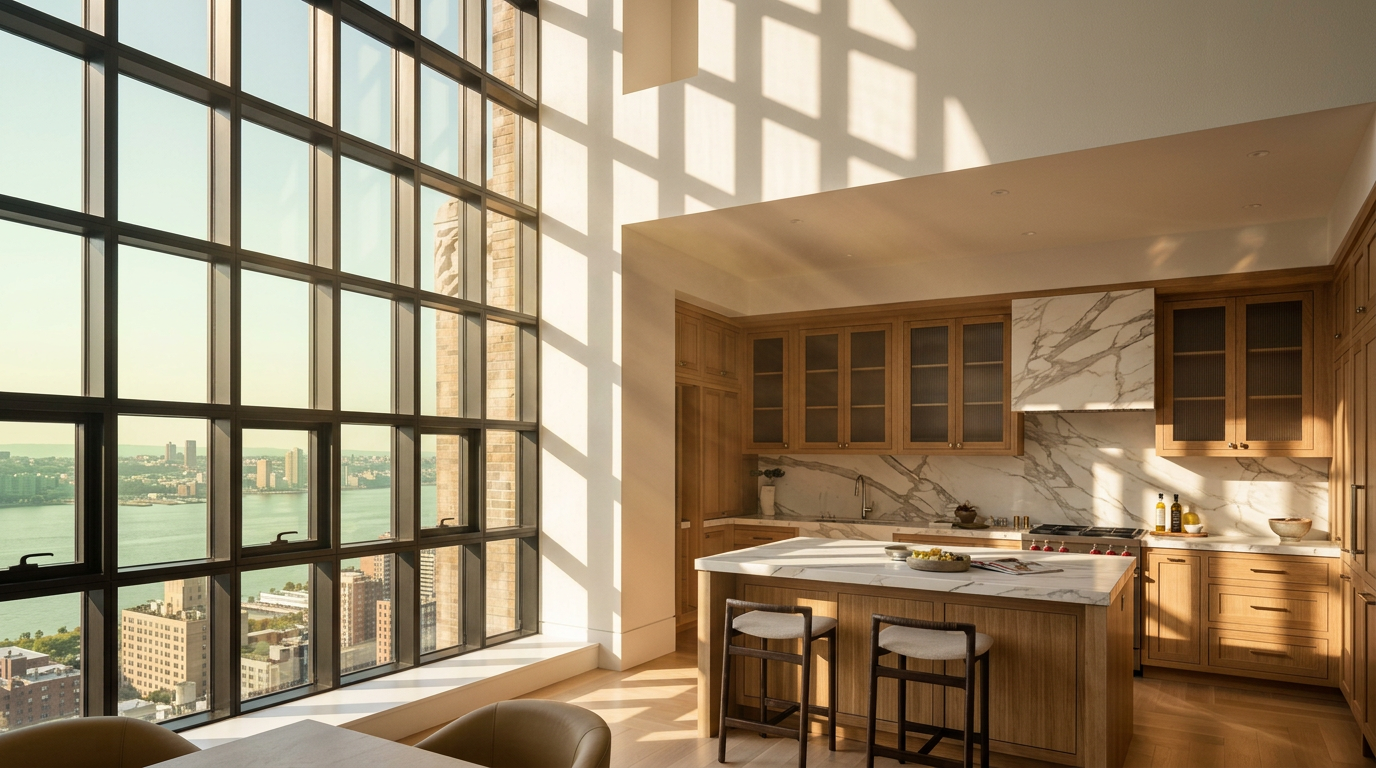 This bright, high-ceilinged kitchen features light wood cabinetry, a large island with stone countertops, and two bar stools. A massive, arched window with a grid pattern dominates the left wall, casting dramatic shadows across the space and offering a view of the city skyline. The room is finished with light-toned herringbone flooring, creating a sophisticated and airy atmosphere.