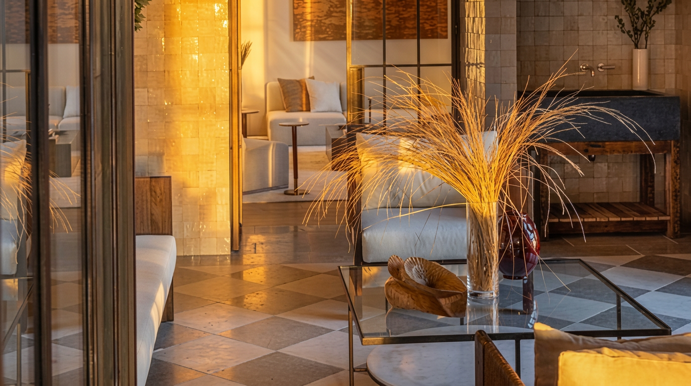 This sophisticated and open-concept living space features a refined contemporary aesthetic with warm, ambient lighting and a high-end, artistic atmosphere. The room is characterized by a checkered tile floor, glass-topped coffee tables, and elegant seating arrangements, creating a seamless flow between indoor lounging areas. Architectural elements such as floor-to-ceiling glass partitions and textured wall treatments contribute to a luxurious and inviting ambiance perfect for high-end residential or hospitality settings.