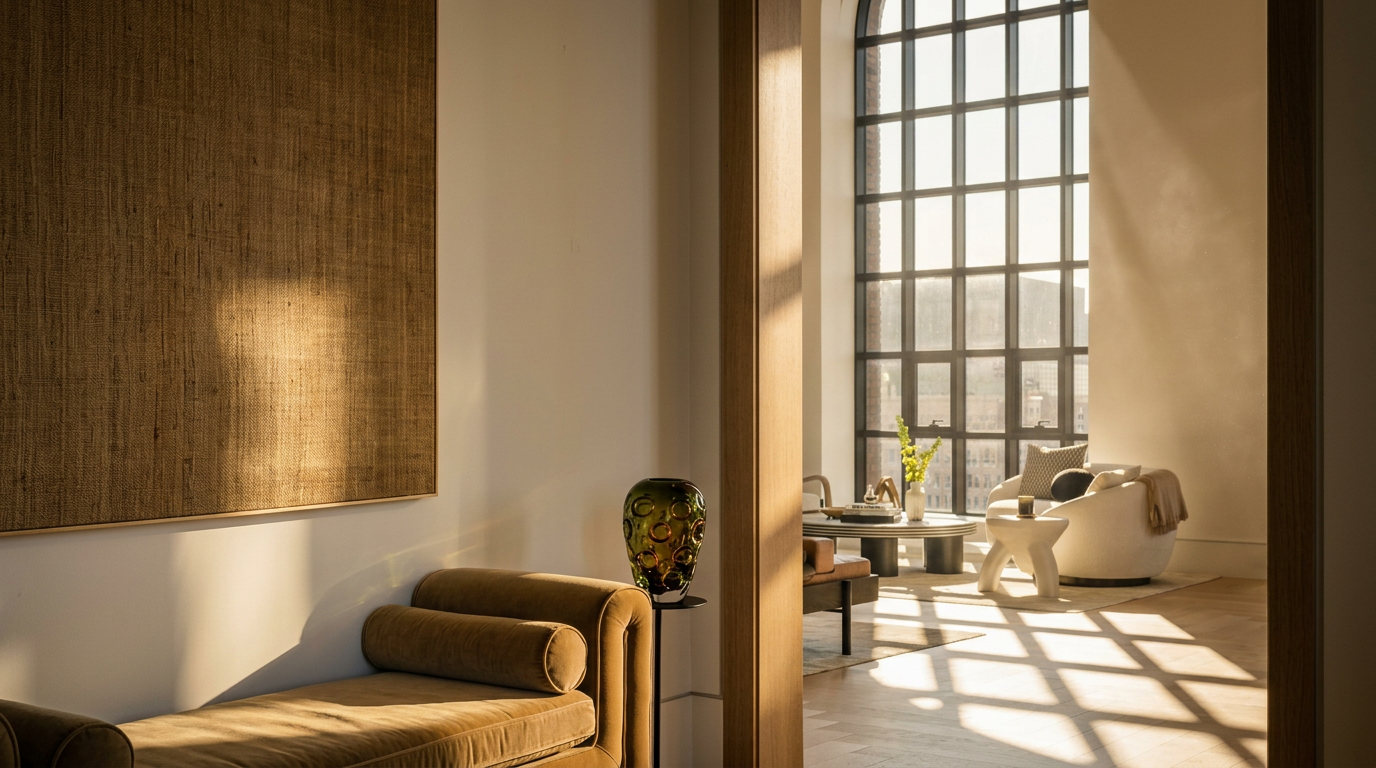 This elegant transition space features a plush, neutral-toned chaise lounge positioned beneath a large, textured wall art piece. A light wood-framed arched doorway leads into a bright living area, where a striking grid-patterned window casts dramatic geometric shadows across the light wood flooring. The overall aesthetic is sophisticated and minimalist, emphasizing clean lines and a warm, inviting color palette.