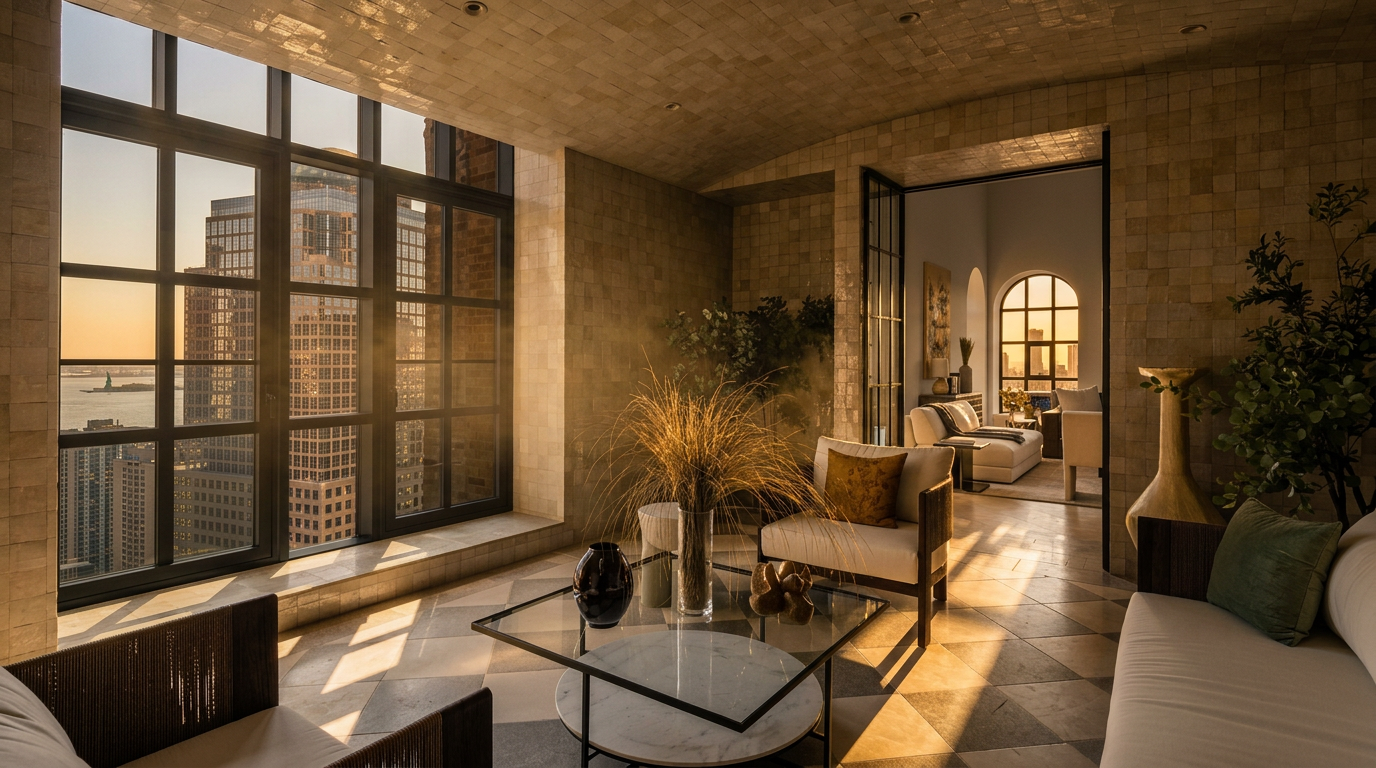 This elegant sunroom features a unique, textured tile finish on both the walls and the vaulted ceiling, creating a cohesive and sophisticated atmosphere. Large, multi-paned windows provide expansive city views, while a checkerboard-patterned floor adds a classic touch to the seating area. The space is furnished with comfortable armchairs and a central glass-topped coffee table, with a doorway leading into an adjacent living area.