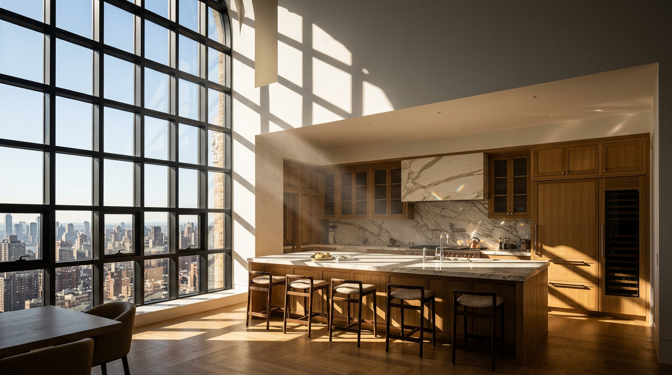 This expansive, sun-drenched kitchen features a large central island with seating for five, complemented by light wood cabinetry and stone countertops. A striking wall of floor-to-ceiling windows provides an urban view and casts dramatic geometric shadows across the high, minimalist walls. The space is defined by its clean lines, high-end finishes, and a seamless blend of natural light and modern architectural design.