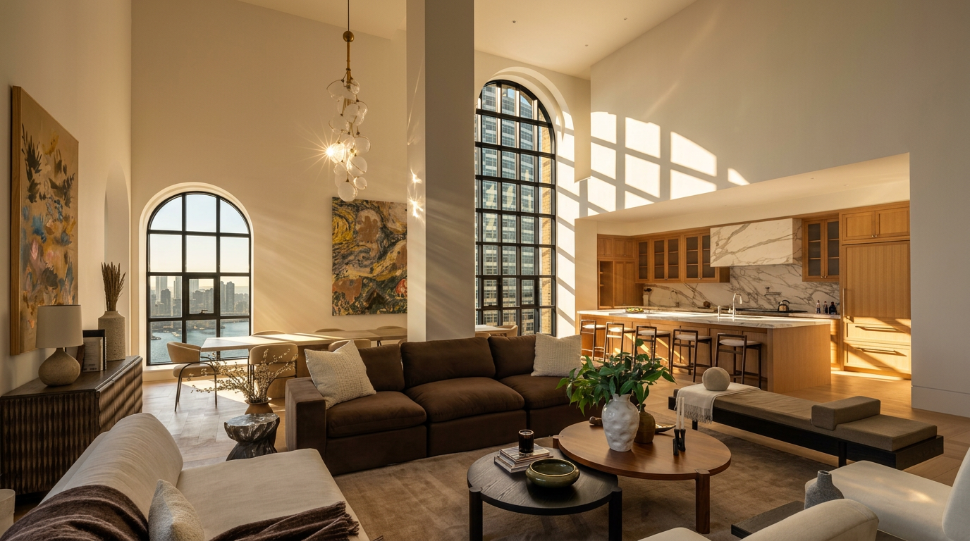 This expansive, high-ceilinged living area features a sophisticated open-concept layout that seamlessly integrates a lounge space with a kitchen in the background. The room is anchored by a large brown sofa and a central coffee table, complemented by light-toned furniture and soft, neutral textiles. Tall, arched windows with black frames provide abundant natural light and expansive city views, while a striking modern chandelier hangs from the soaring ceiling, adding a touch of elegance to the airy, sun-drenched space.