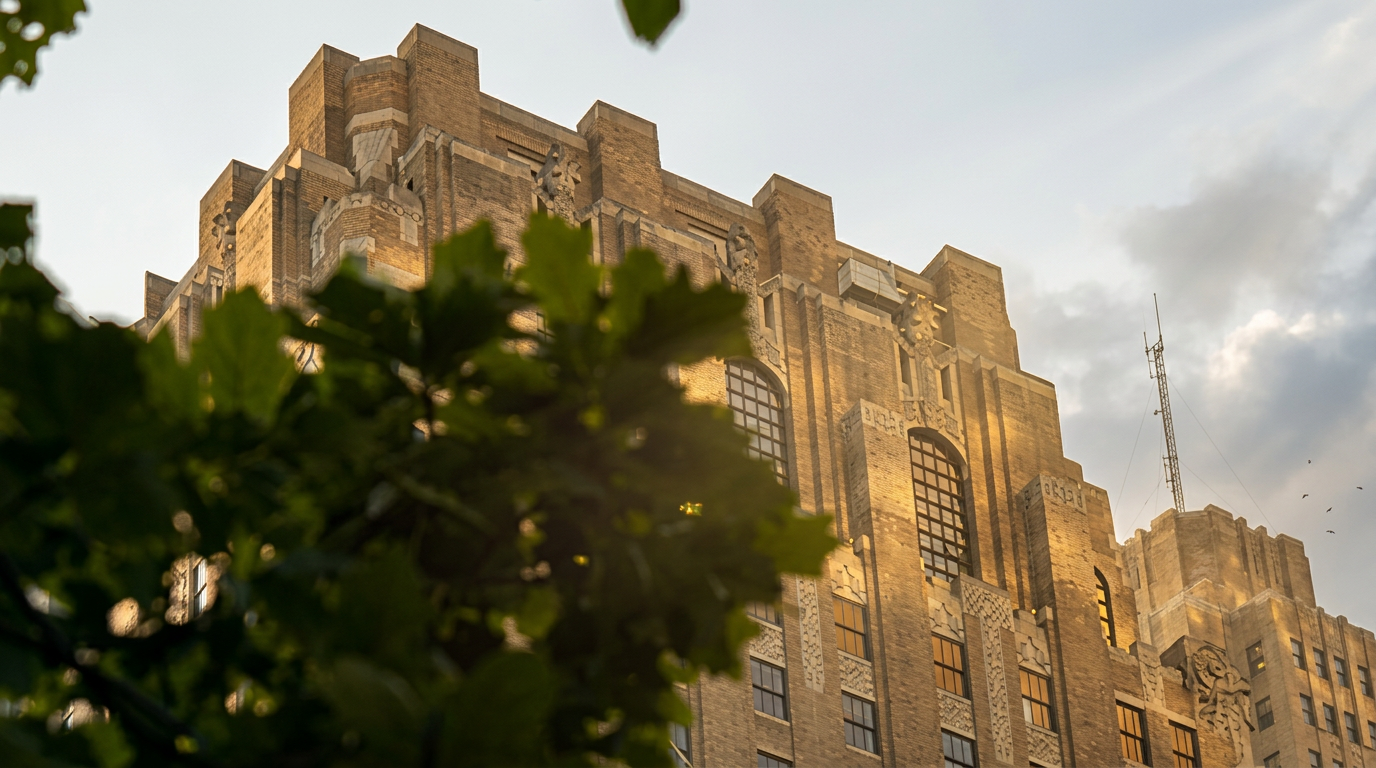 This image showcases a striking art deco high-rise building characterized by its stepped-back silhouette and intricate masonry brickwork. Tall, multi-pane windows add structural rhythm to the facade, while the ornate detailing near the top roofline highlights the historic architectural style. The foreground is softened by blurred green foliage, providing a unique perspective that emphasizes the building's stature against the sky.