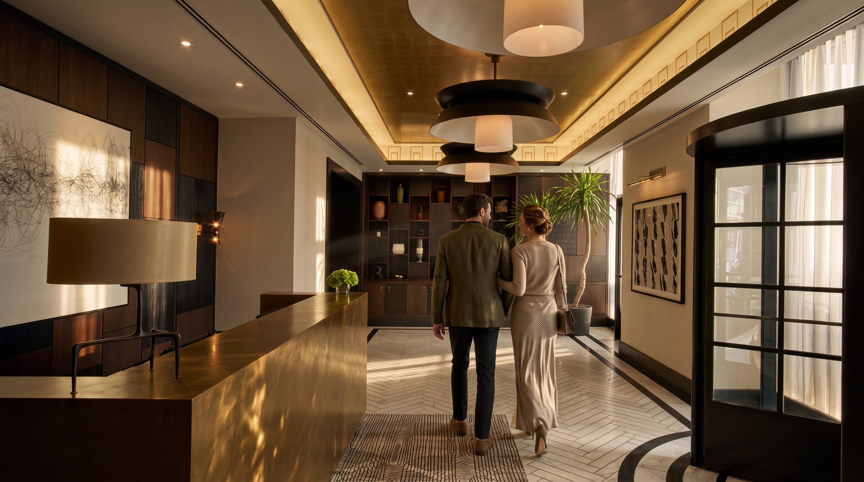 This sophisticated lobby or reception area features a sleek, metallic-finished front desk and a herringbone-patterned floor with dark border accents. The space is illuminated by a series of tiered pendant lights suspended from a metallic ceiling, while a dark wood shelving unit displays decorative objects against the back wall. A large, abstract piece of art hangs above the desk, and a revolving door provides a grand entrance, creating an atmosphere of high-end professional elegance.