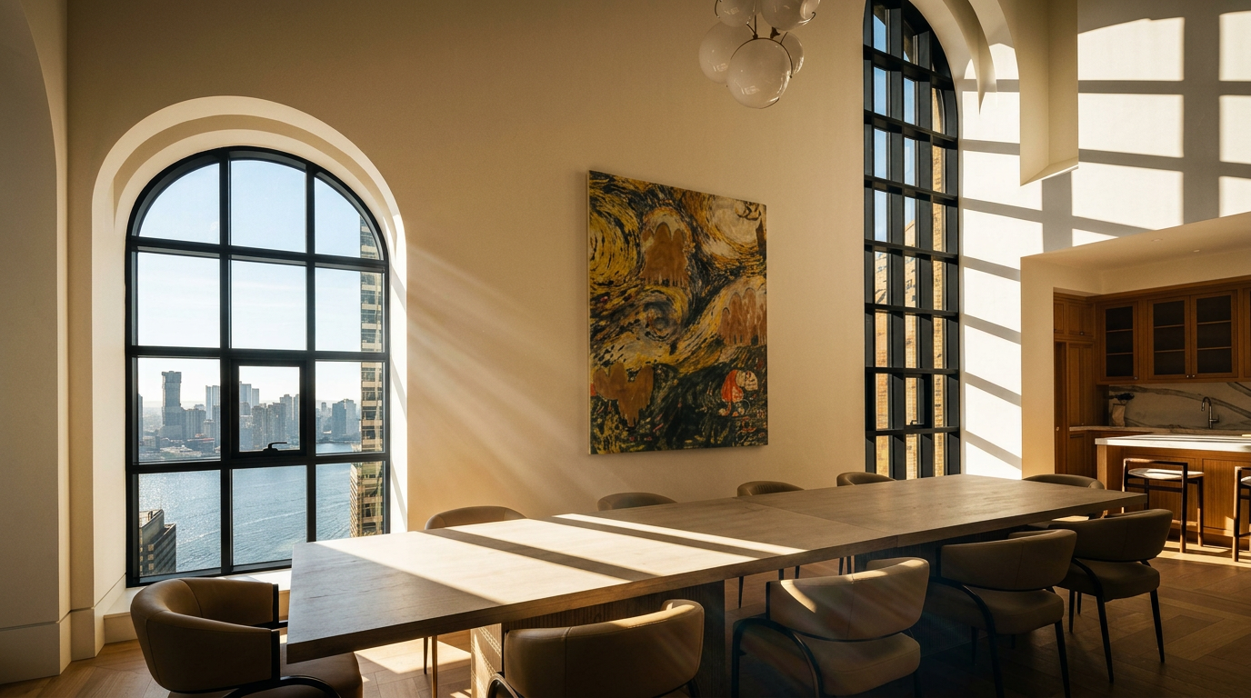This elegant dining room features a long, light wood table surrounded by modern, neutral-toned chairs, set against a backdrop of tall, arched windows that offer expansive city and water views. A piece of abstract art hangs on the wall, while a contemporary multi-globe chandelier provides soft overhead lighting. The space transitions seamlessly into a kitchen area, creating an open and sophisticated atmosphere perfect for entertaining.