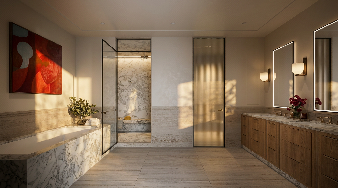 This luxurious primary bathroom features a spacious layout with a large soaking tub encased in patterned stone and a separate walk-in shower with a glass enclosure. A long vanity with light wood cabinetry and dual sinks sits opposite the tub, complemented by elegant wall-mounted lighting and a fluted glass door. The room is finished with neutral-toned stone flooring, creating a serene and sophisticated atmosphere.