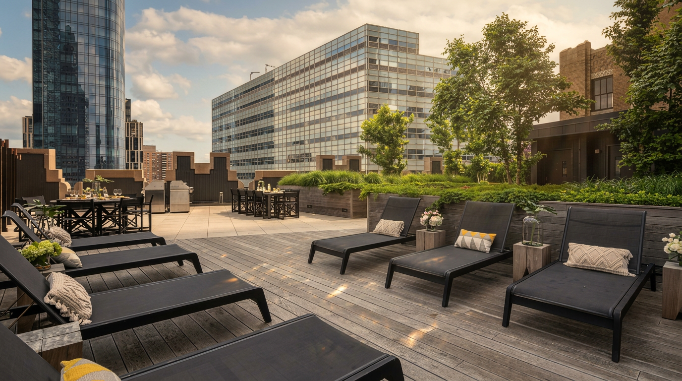 This spacious, modern rooftop deck features multiple black lounge chairs with patterned accent pillows arranged on wooden decking. Surrounded by lush planters and mature trees, the area provides a serene outdoor lounge space set against a backdrop of contemporary urban architecture. It is an ideal setting for relaxation or social gatherings in an upscale residential building.