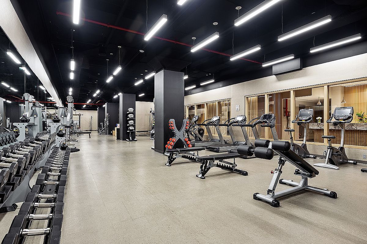 This spacious, modern home gym features a clean, industrial aesthetic with a dark ceiling and light-colored flooring. The room is well-equipped with a long row of dumbbells on a rack, multiple treadmills, and adjustable weight benches, all arranged for an efficient workout experience. Large windows along the side wall provide a view into an adjacent space, enhancing the open and airy feel of the facility.