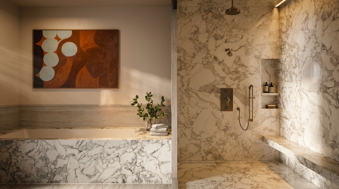 This luxurious primary bathroom features a seamless transition between a deep soaking tub and a spacious walk-in shower, both clad in elegant, veined stone. The shower area includes a built-in bench, a wall-mounted rainfall showerhead, and a recessed niche for toiletries, while a large, warm-toned abstract painting adds a vibrant focal point to the adjacent wall. The overall aesthetic is sophisticated and spa-like, emphasizing high-end materials and a clean, minimalist design.