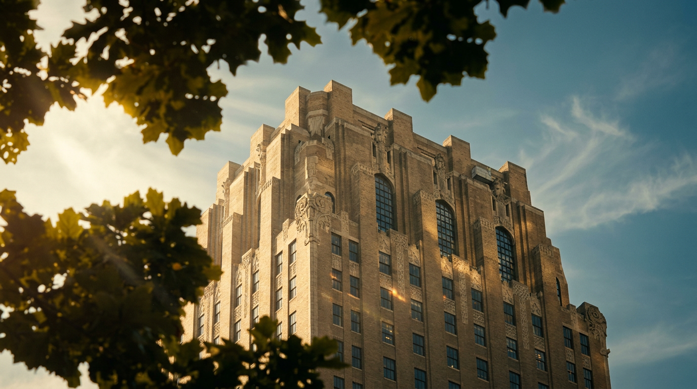 This image captures a low-angle, cinematic perspective of a historic, Art Deco-style high-rise building framed by the lush green leaves of a foreground tree. The tan brick facade features intricate masonry detailing, stepped setbacks, and a symmetrical arrangement of windows that emphasize its verticality. The warm, golden-hour lighting enhances the architectural texture, creating a sophisticated and timeless urban aesthetic.
