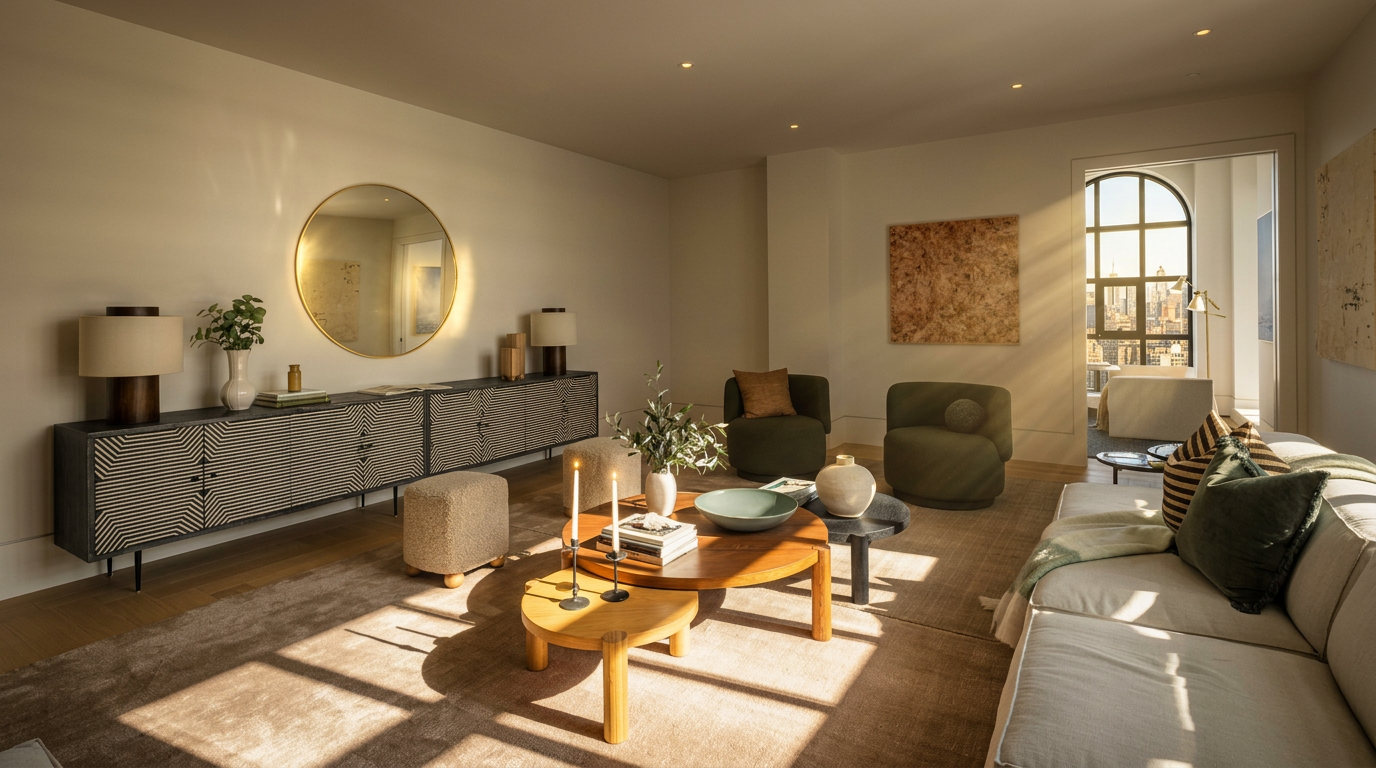 This bright and airy living room features a sophisticated neutral palette with warm textures and modern furnishings. A long, patterned sideboard sits against the wall beneath a large circular mirror, while a plush sofa and two olive-toned armchairs create a comfortable seating arrangement around a layered coffee table setup. The space is bathed in natural light, highlighting the light wood flooring and the elegant arched doorway that leads to an adjacent room.