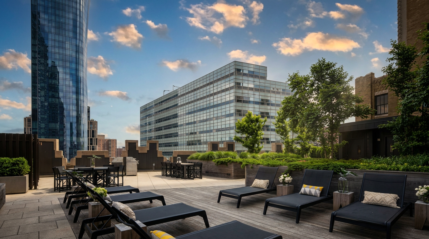This expansive rooftop terrace features a wooden deck furnished with multiple black lounge chairs and dining sets, creating an inviting outdoor living space. The area is accented by manicured greenery and planters, set against a backdrop of modern glass skyscrapers and urban architecture. The bright, clear sky enhances the open and airy atmosphere of this sophisticated city amenity.