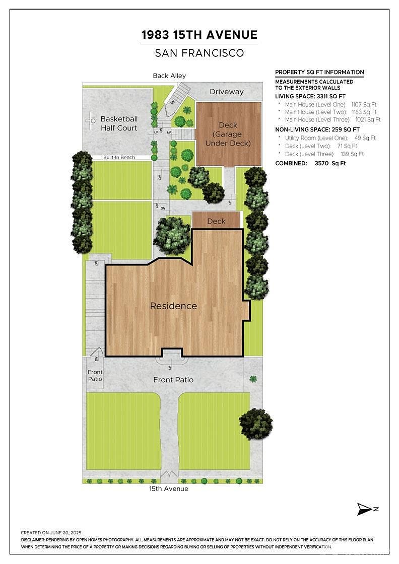 This is an aerial view of a property at 1983 15th Avenue, San Francisco, showcasing the layout of the house, yard, and surrounding features. The residence is centrally located with front and back patios, a basketball half court, a deck, and a driveway. The image also includes property square footage information, providing potential buyers with key details about the property's size and dimensions.