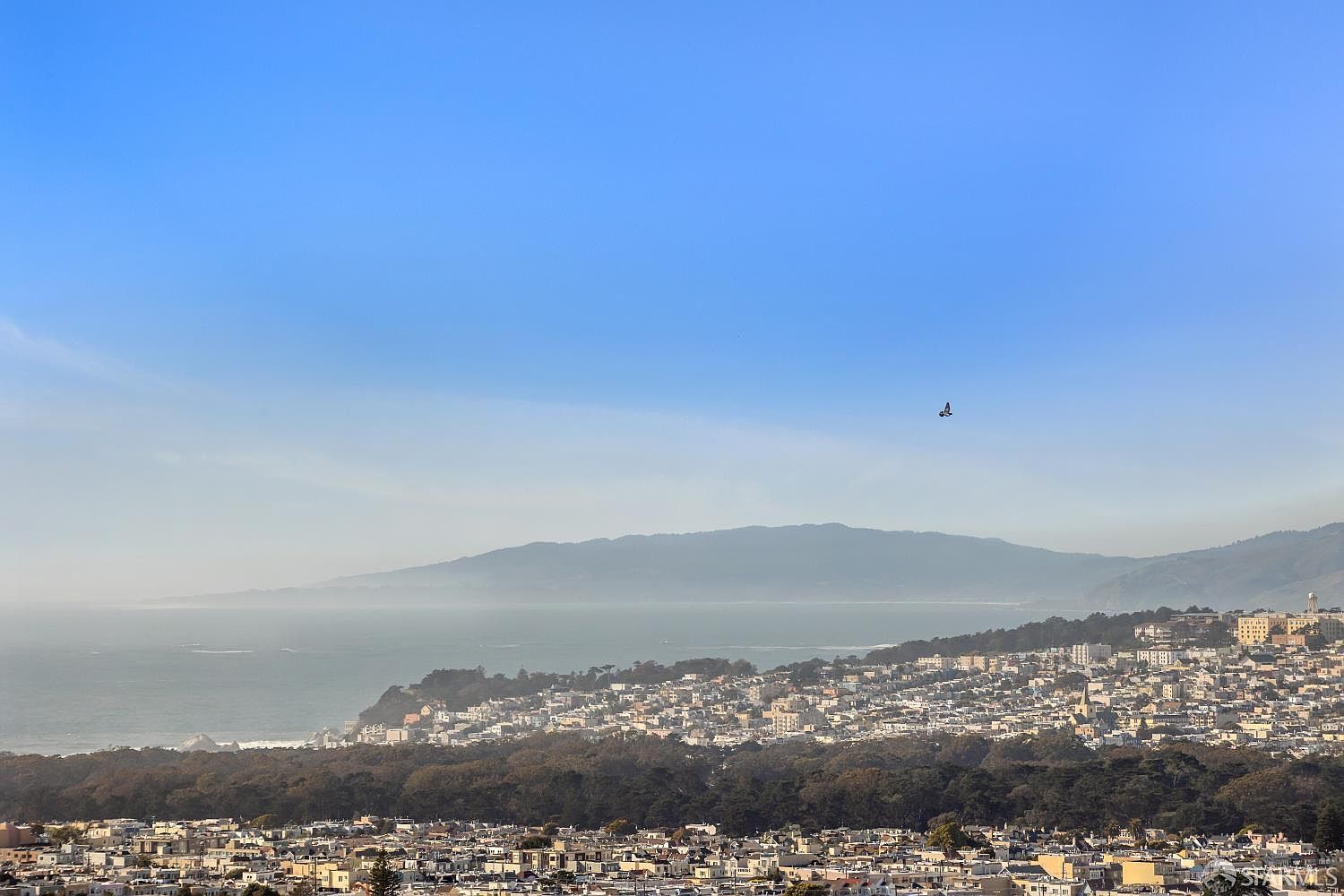 This aerial view showcases a dense residential area with closely packed houses stretching towards the coastline. In the background, a hazy mountain range meets the ocean, creating a scenic backdrop. The overall impression is one of a vibrant, established community with proximity to both urban amenities and natural beauty.