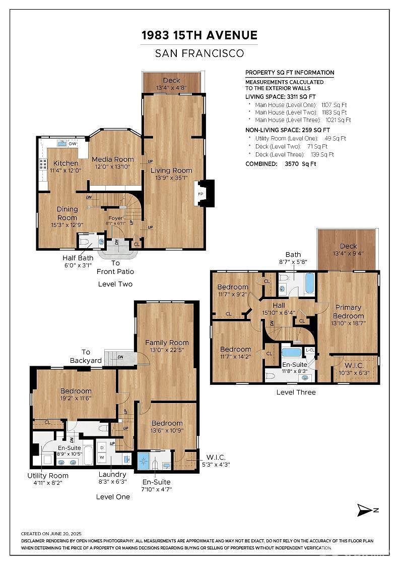 This image presents a detailed floor plan of a multi-level house, showcasing the layout of rooms on each level, including bedrooms, bathrooms, living areas, and kitchen. Dimensions are provided for each room, along with the total square footage of the living space and non-living space. The floor plan provides a comprehensive overview of the property's structure and spatial arrangement.
