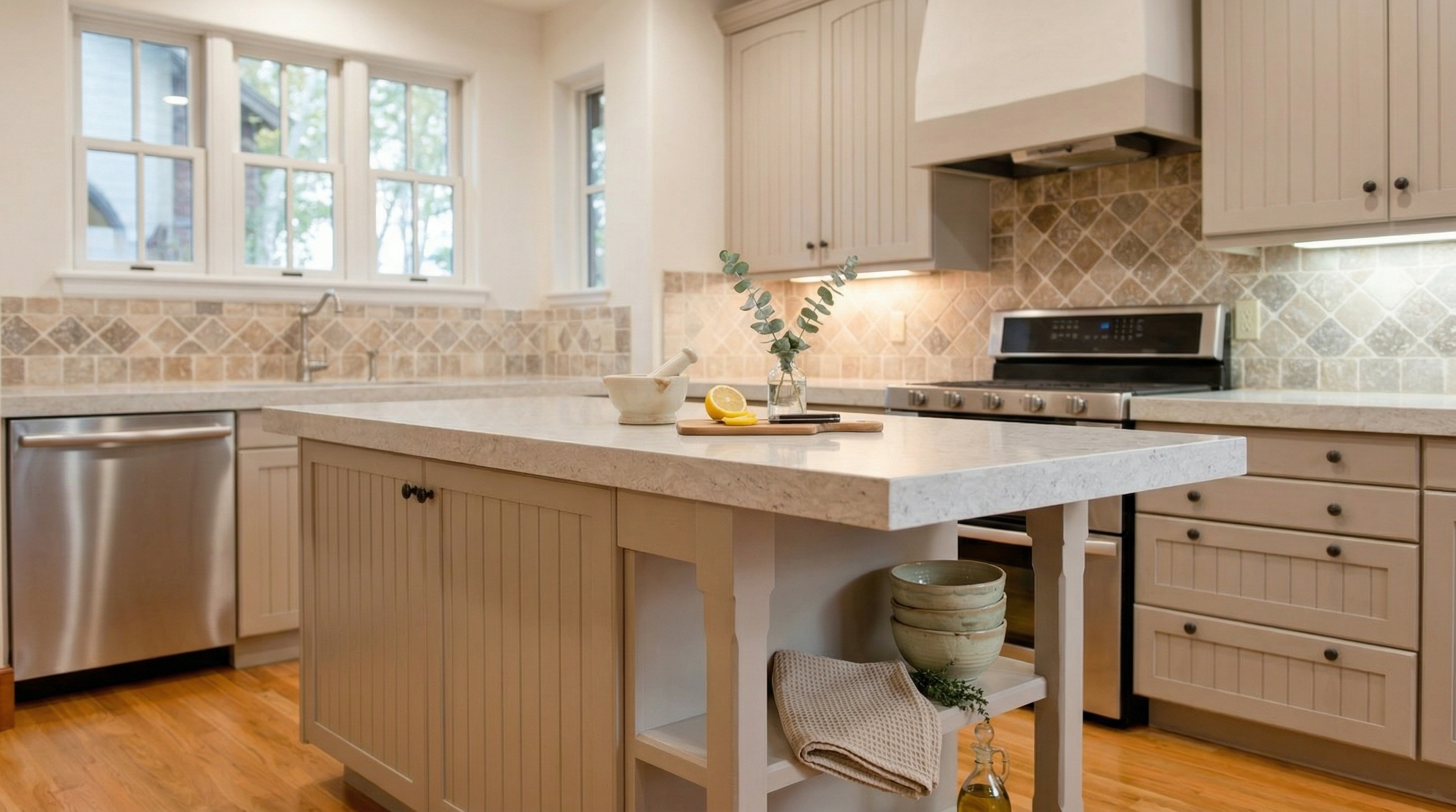 This warm and inviting kitchen features neutral cabinetry, a large central island with a quartz countertop, and classic tiled backsplash. Modern stainless steel appliances, including a range and dishwasher, complement the timeless design. The space is well-lit with natural light from multiple windows and accented with thoughtful decor, creating a polished and functional culinary environment.