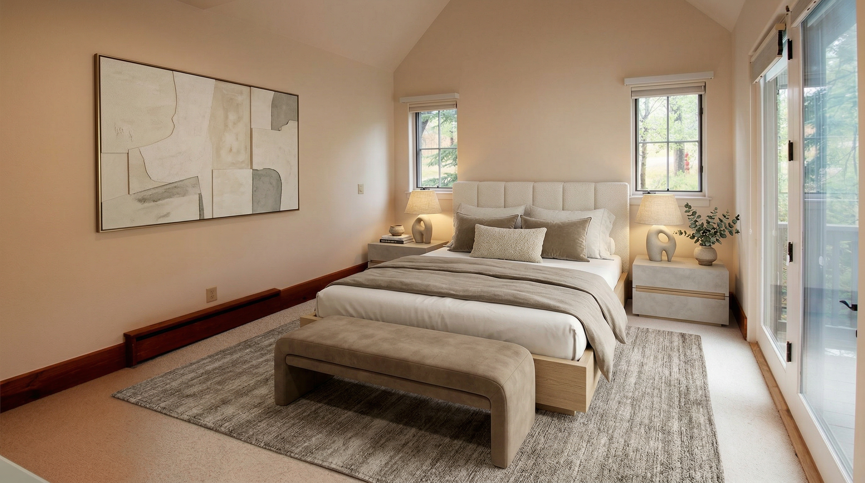 This serene, neutral-toned primary bedroom features a vaulted ceiling, a platform bed with an upholstered headboard, and matching contemporary nightstands. A large abstract wall art piece serves as a sophisticated focal point, while the plush area rug and bench at the foot of the bed add warmth and texture to the space. Natural light pours in through the dual windows and glass patio doors, creating a bright, restful atmosphere.
