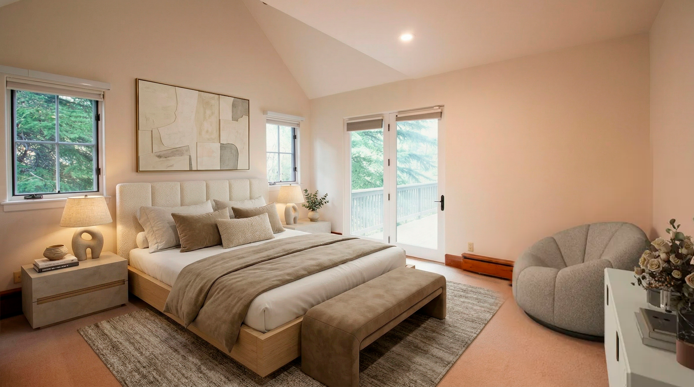 This serene, neutral-toned primary bedroom features a high vaulted ceiling and an elegant upholstered bed frame paired with modern, minimalist decor. The room includes a cozy sitting area with a textured lounge chair and provides direct access to an outdoor deck through French doors. Large windows and warm accent lighting create a bright, inviting atmosphere perfect for relaxation.