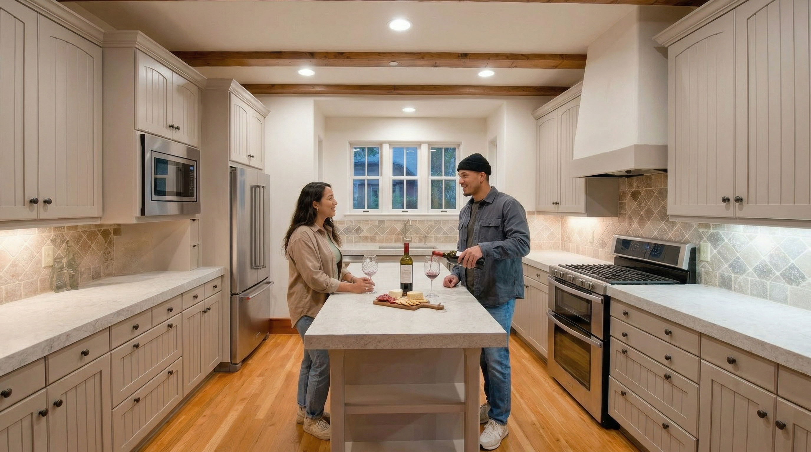 This bright and welcoming kitchen features classic neutral cabinetry, complementary stone countertops, and a spacious center island perfect for entertaining. The rustic charm of exposed wood ceiling beams pairs beautifully with the modern stainless steel appliances and intricate tile backsplash. With its warm hardwood flooring and inviting atmosphere, this kitchen serves as a functional and stylish heart of the home.