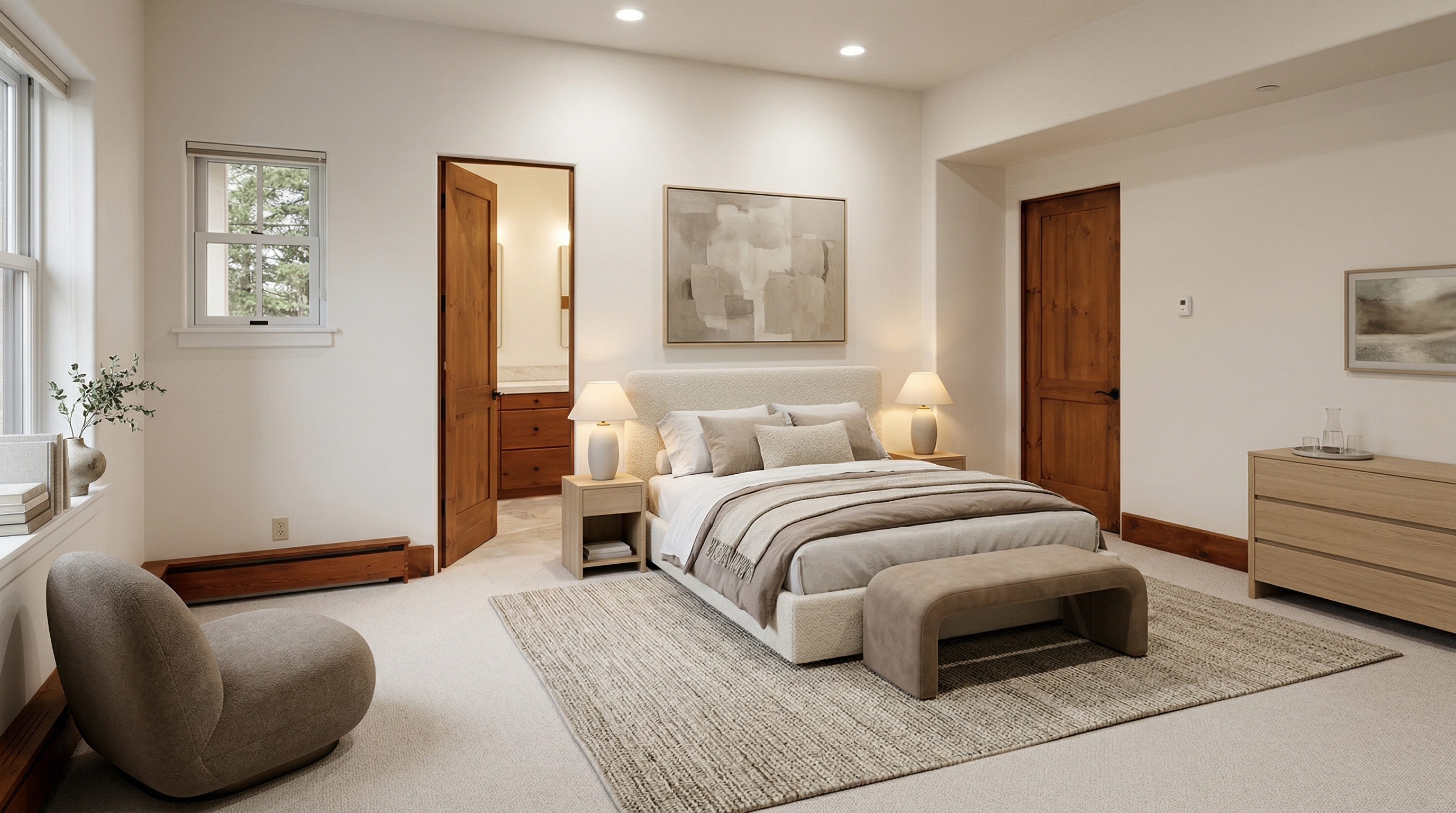 This primary bedroom features a calming, neutral palette with tasteful modern decor, centered around a textured beige upholstered headboard. The room is well-appointed with a sleek wood dresser, a cozy bench at the foot of the bed, and warm accent lighting, creating a serene and inviting atmosphere. Architectural details, such as the wood doors and trim, contrast beautifully with the soft carpeting to provide a balanced and sophisticated aesthetic.