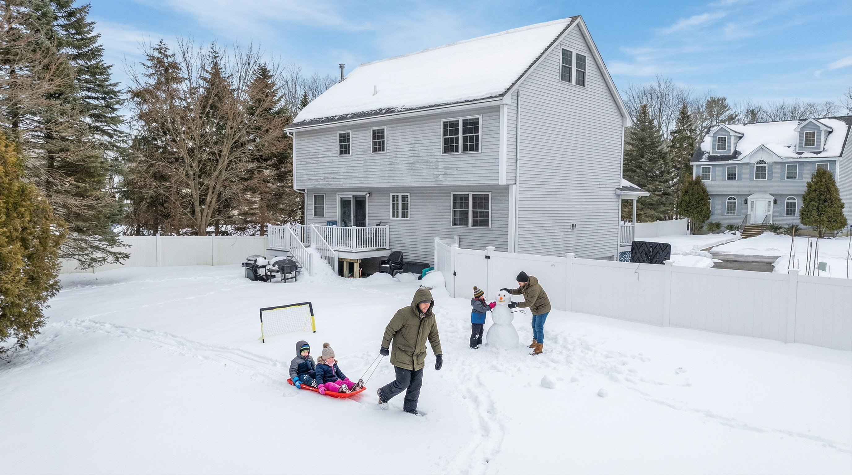 This is a rear exterior view of a two-story house with light gray siding and a snow-covered roof. A white vinyl fence surrounds the yard, which is also covered in snow. People are enjoying building a snowman and pulling children on a sled in the yard, suggesting a family-friendly environment.