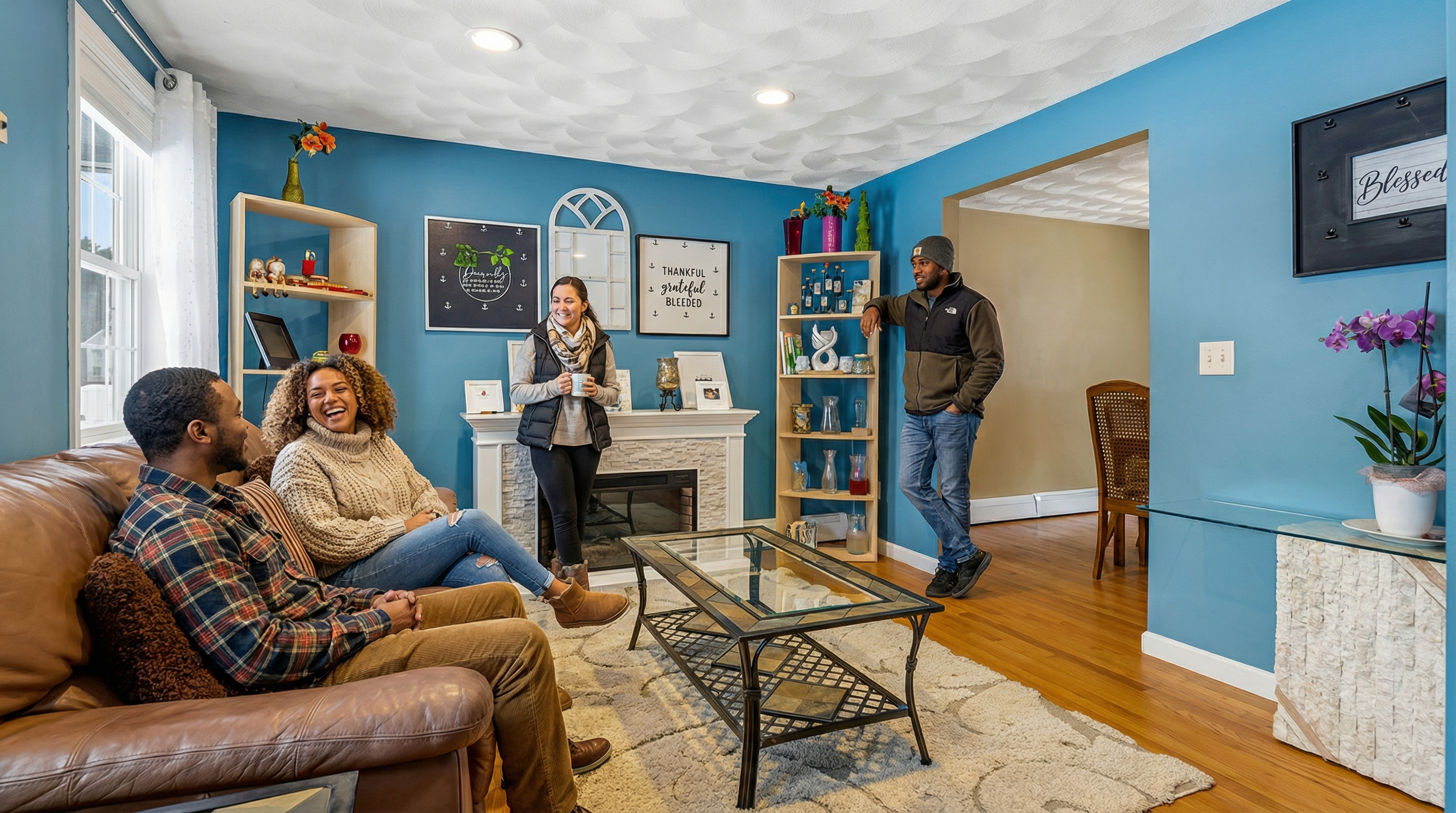The image showcases a modern living room painted in a vibrant blue hue. In the scene, there's a comfortable leather couch, a coffee table, and a decorative fireplace. A group of friends are portrayed enjoying a relaxed gathering, contributing to a warm and inviting atmosphere.