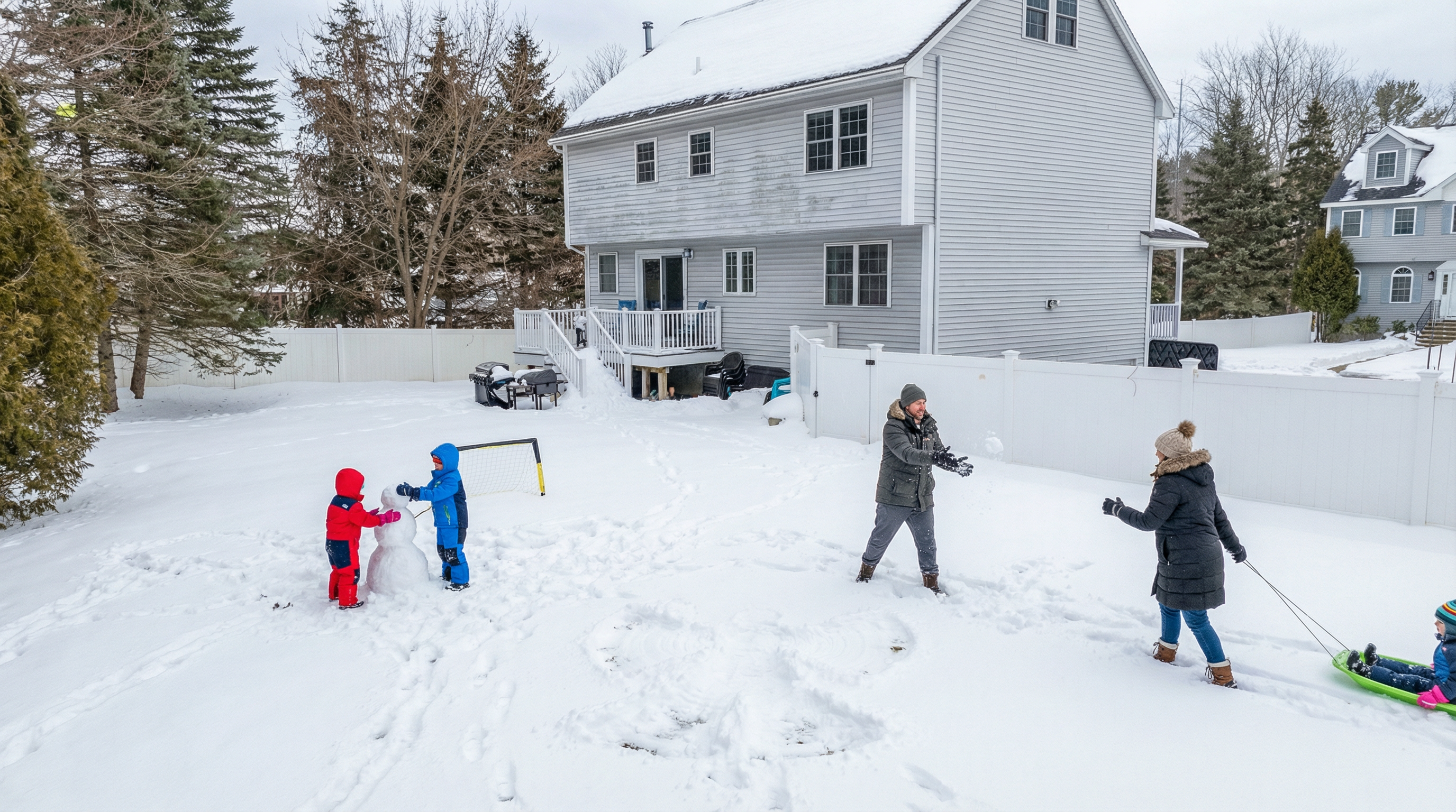 The image showcases a snowy backyard during winter, featuring a two-story house with light gray siding. A white fence encloses the yard, where a family is engaged in winter activities. The presence of snow, a well-maintained yard, and family activities contribute to a warm and inviting atmosphere, enhancing the property's appeal.