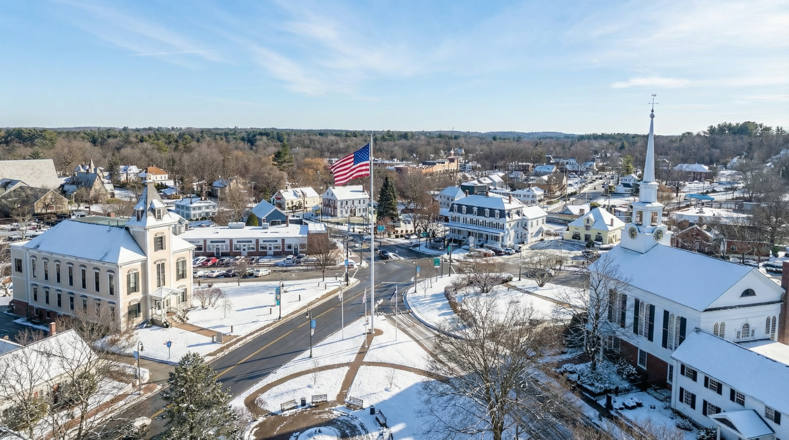 This aerial view showcases a beautiful town center covered in snow. The architecture includes a mix of classic buildings, including a prominent church with a steeple and a charming town hall. The American flag stands tall in the town square, creating a picturesque and inviting scene, highlighting the community's appeal and central location.