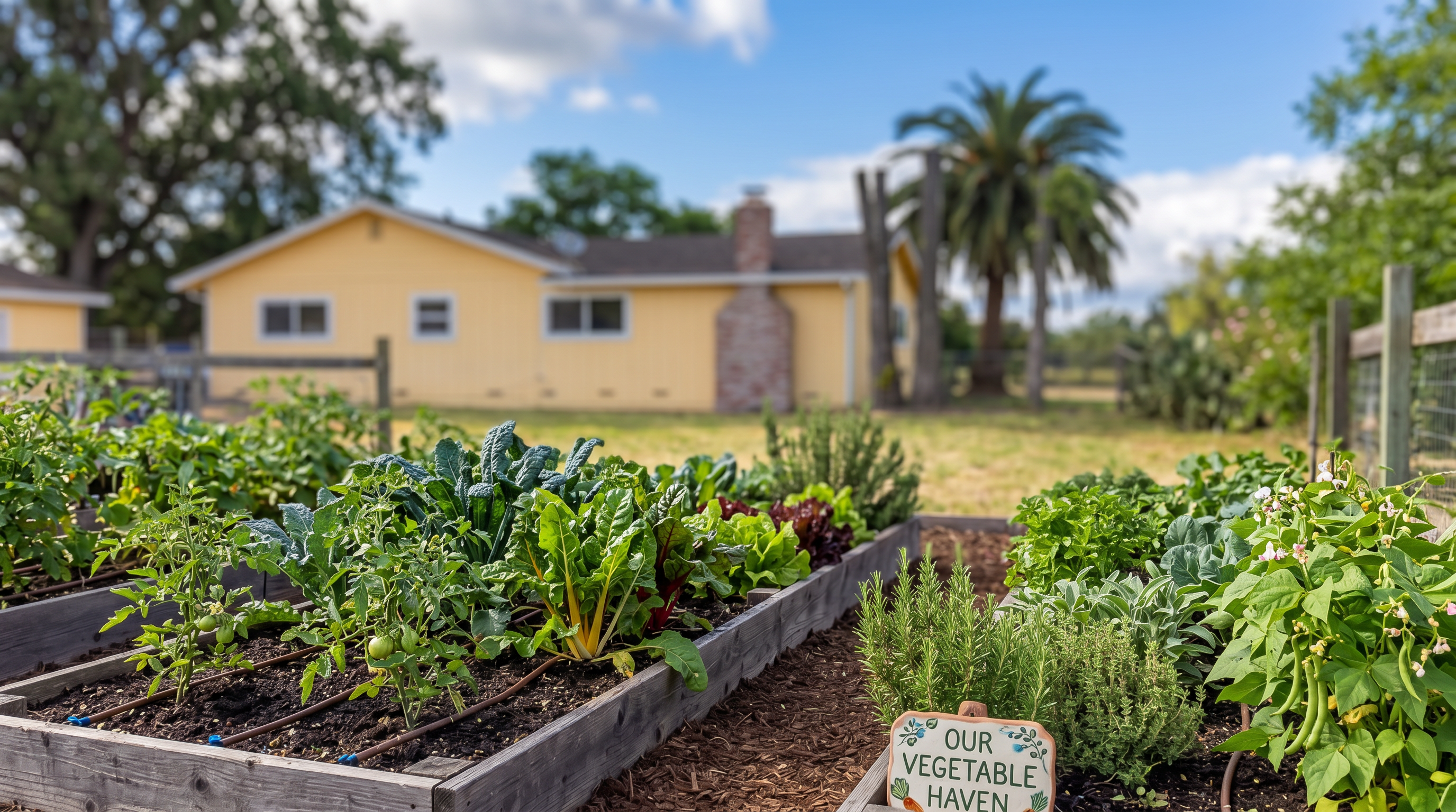 This charming backyard garden features well-maintained raised wooden planter beds overflowing with vibrant leafy greens, herbs, and young vegetables. A cute sign labeled 'OUR VEGETABLE HAVEN' adds a personal touch to the functional plot, which sits in front of a sunny yellow house. The scene conveys a peaceful, self-sustaining lifestyle, showcasing an ideal outdoor space for gardening enthusiasts.
