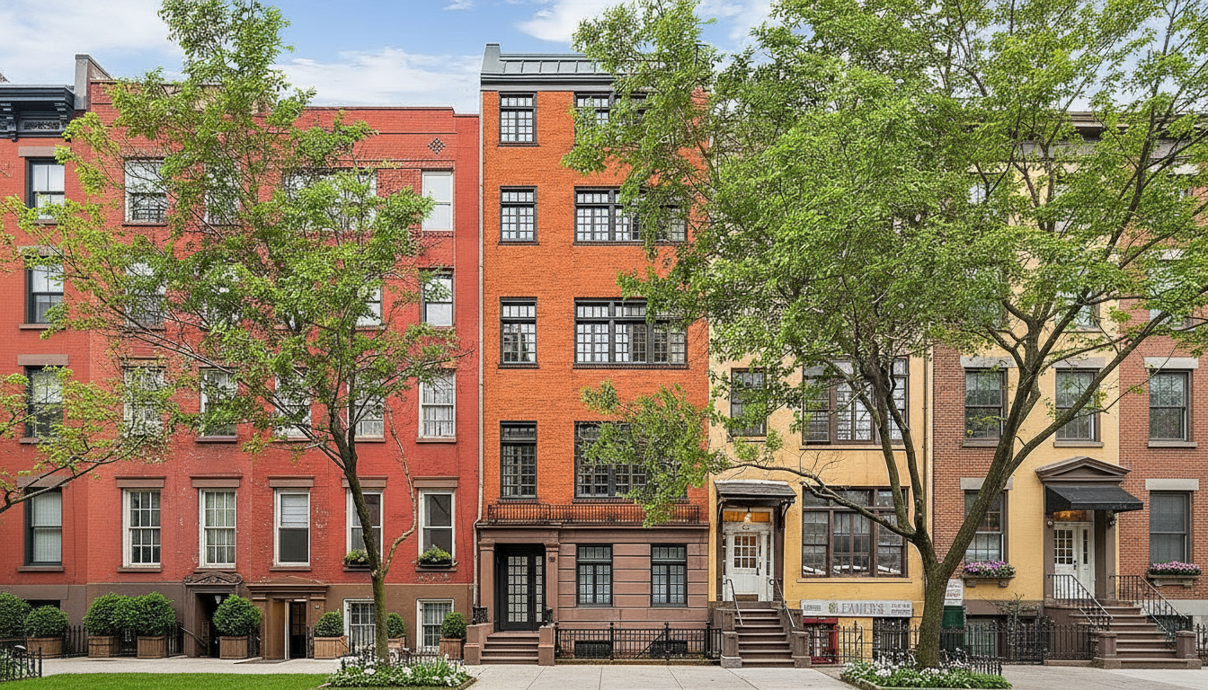 This image showcases the front of a row of townhouses with brick facades in varying colors, framed by mature trees that add to the curb appeal. Architectural details like window styles, entryways with steps, and iron railings contribute to the historic charm. The freshly manicured lawn and landscaping enhance the overall impression of a well-maintained residential street.