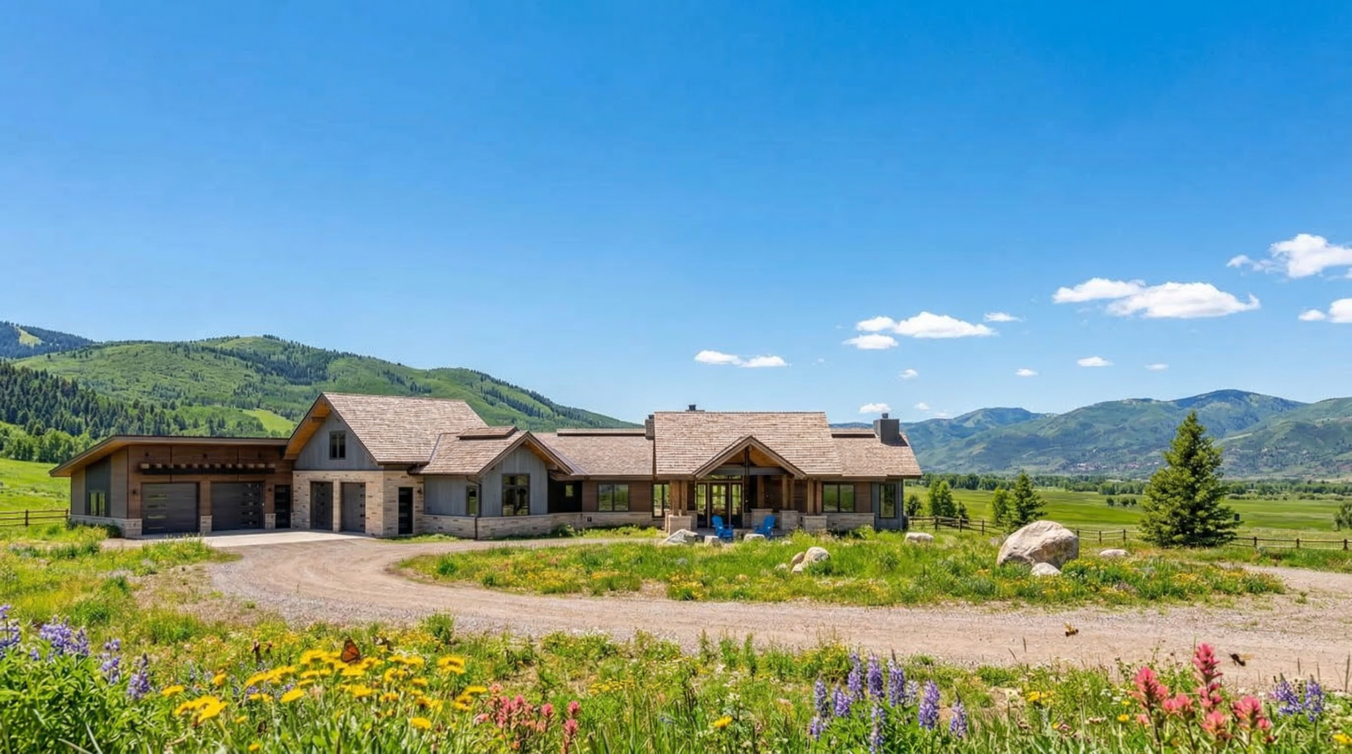 This stunning custom-built mountain home showcases a blend of rustic charm and modern architecture, featuring stone accents, warm wood siding, and a multi-gabled cedar shake roof. Situated on a sprawling, scenic lot with a winding gravel driveway, the property highlights panoramic mountain views and a vibrant wildflower foreground. The spacious design includes an expansive attached garage, creating an inviting and luxurious residence perfectly integrated into the natural landscape.
