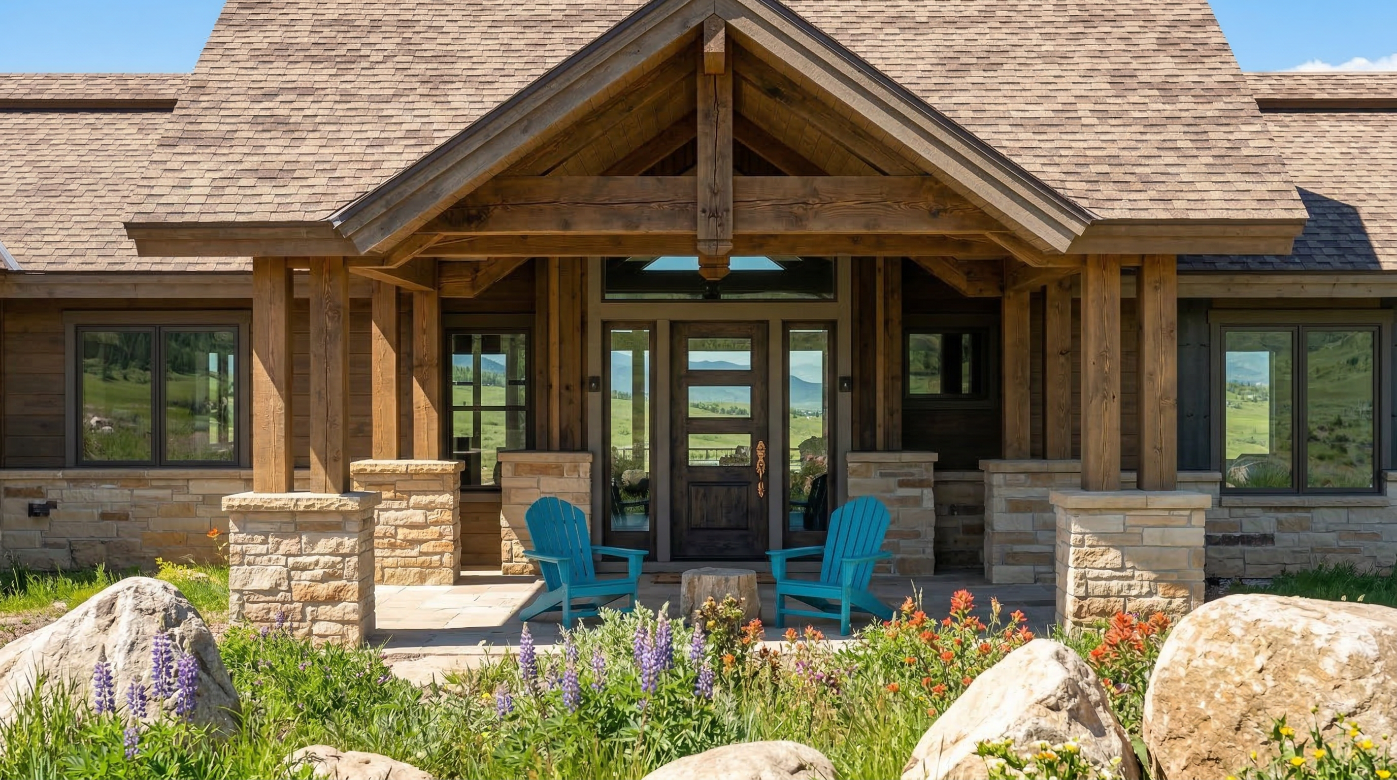 This charming mountain-style home features a rustic timber-framed porch accented with natural stone pillars. Two vibrant teal Adirondack chairs sit on the stone patio, inviting a tranquil view of the surrounding meadows and mountain landscape. The warm wood textures and detailed stonework create a welcoming and high-end exterior aesthetic.