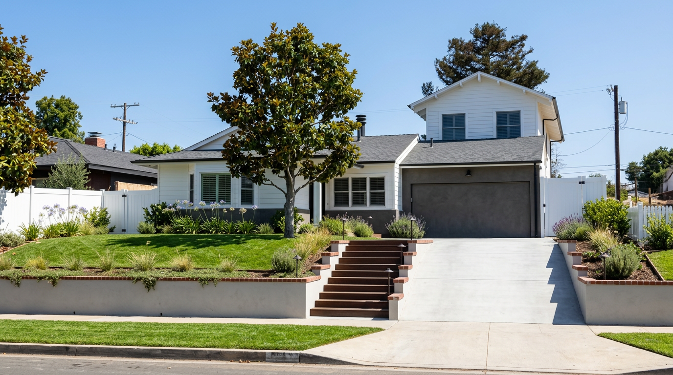 This charming single-family home features a clean, modern aesthetic with white horizontal siding and a contrasting dark gray garage door. The property boasts a well-manicured front lawn, a mature magnolia tree, and a set of wooden stairs leading up to the entrance, all framed by a low brick-capped retaining wall. The perspective is a straight-on, eye-level shot that highlights the home's curb appeal and balanced architectural design.